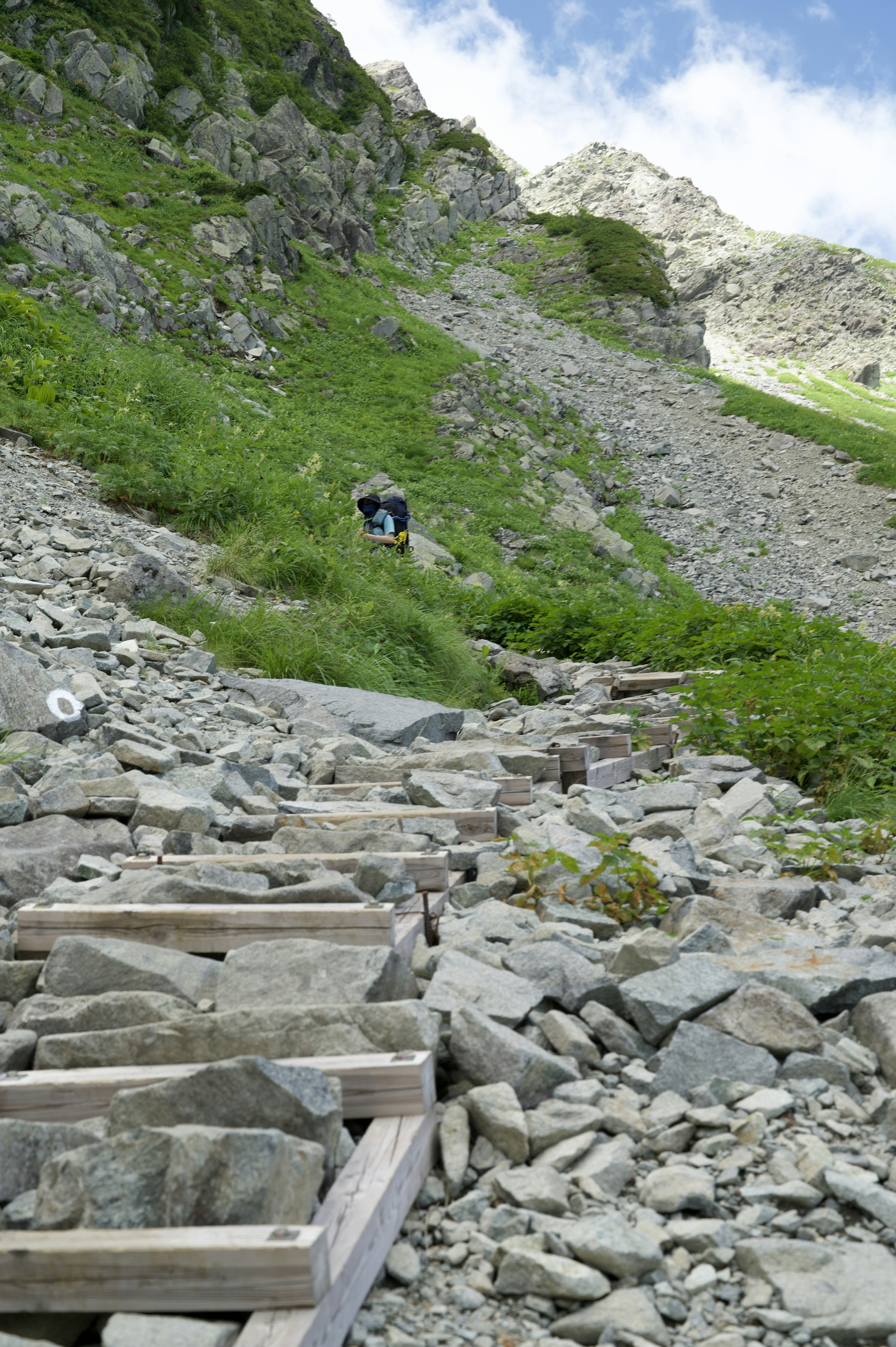 在陡峭山坡上攀登的健行者，旁邊有木製階梯和石頭小路