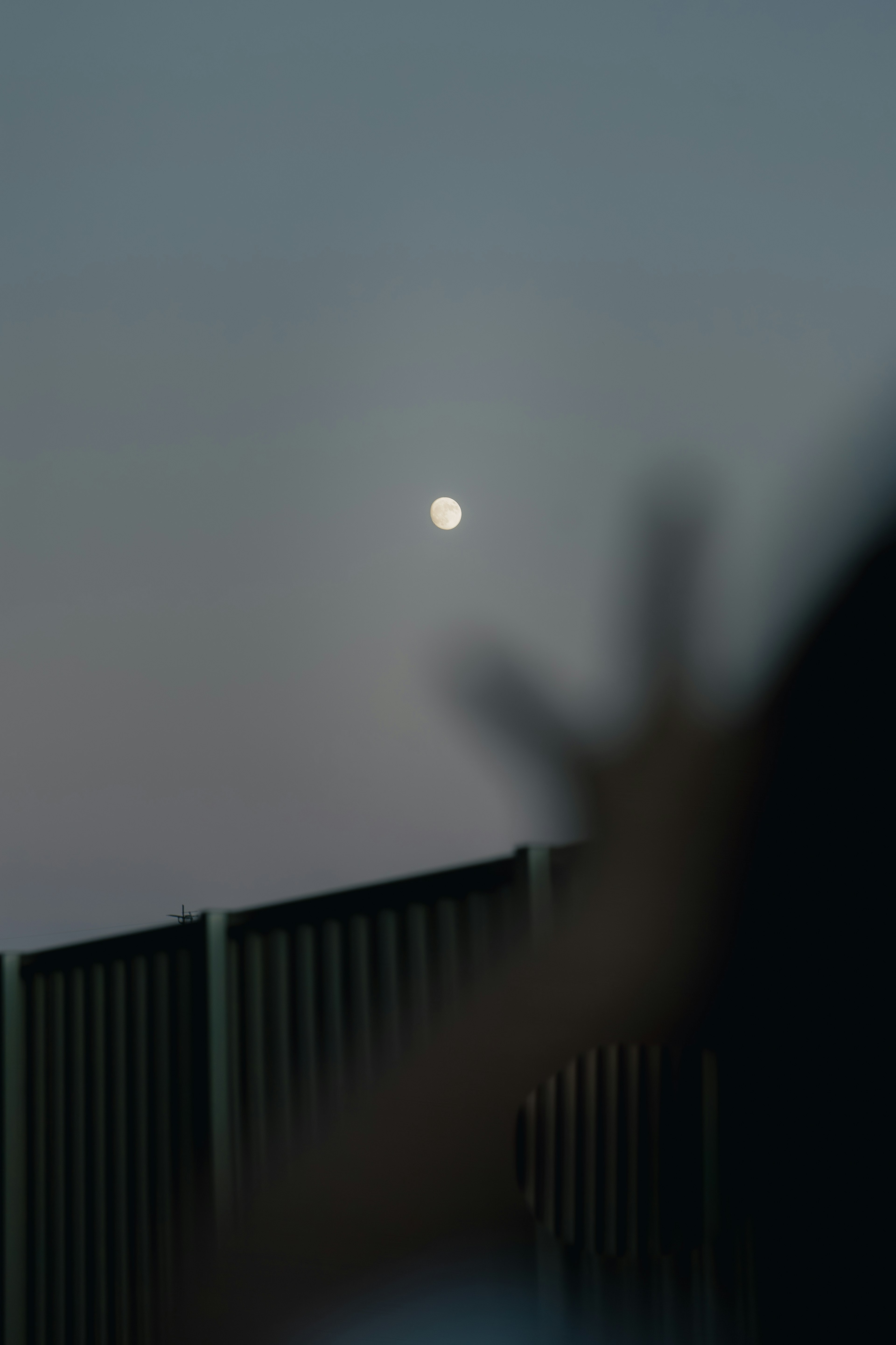 Fondo borroso con una luna visible y la silueta de una mano