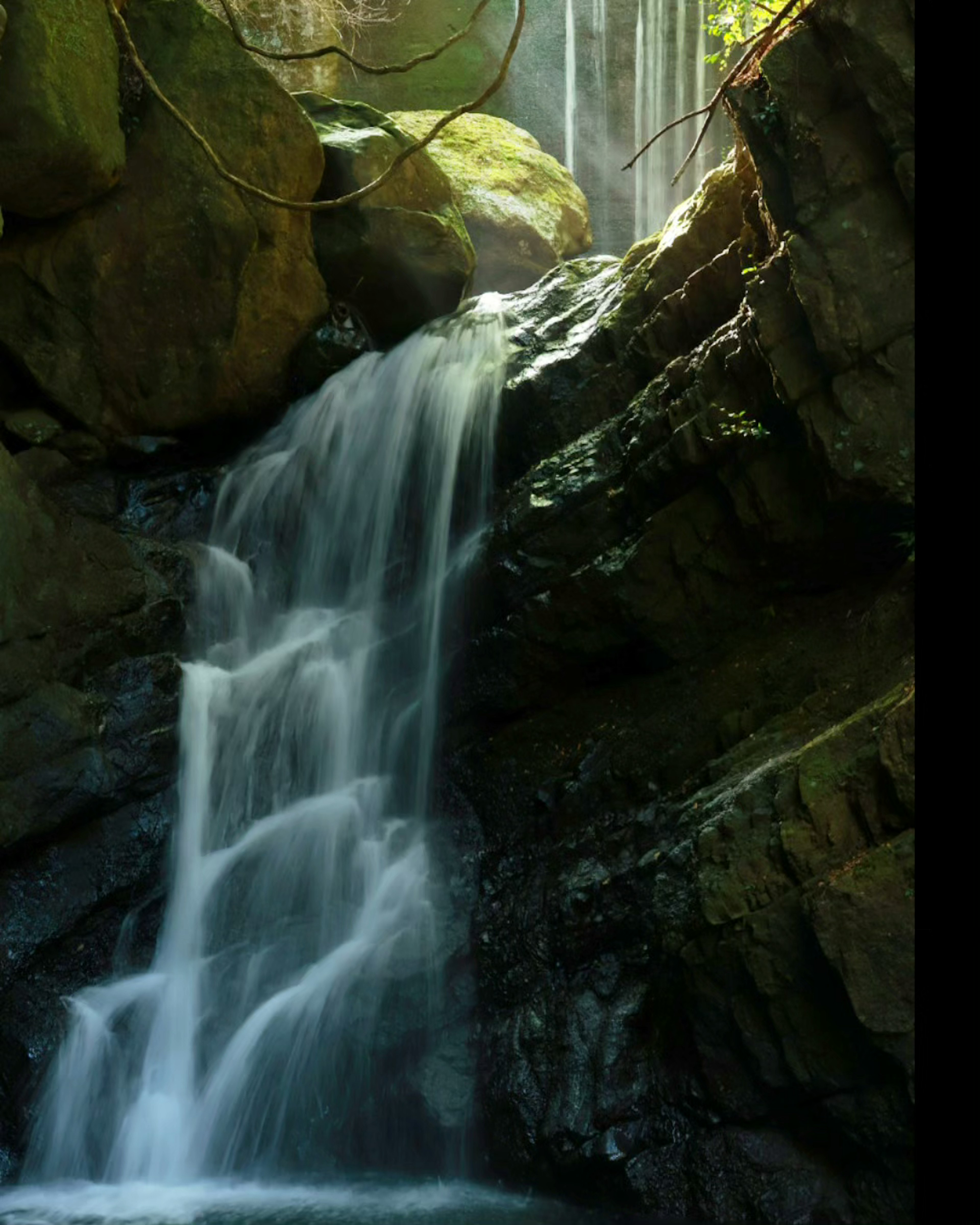 Fließender Wasserfall, der über Felsen in einer ruhigen Waldumgebung stürzt