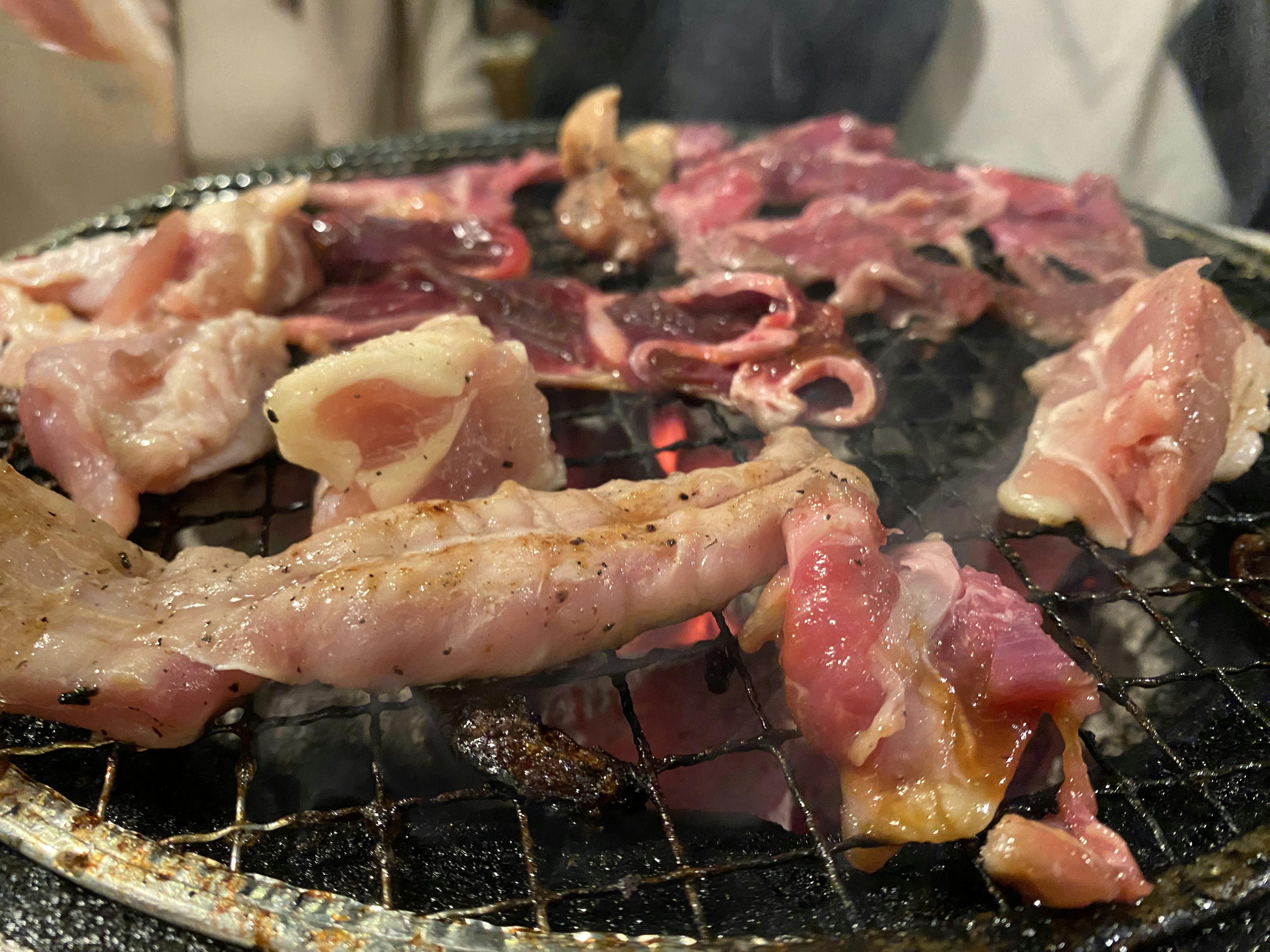 グリルで焼かれているさまざまな肉の断片