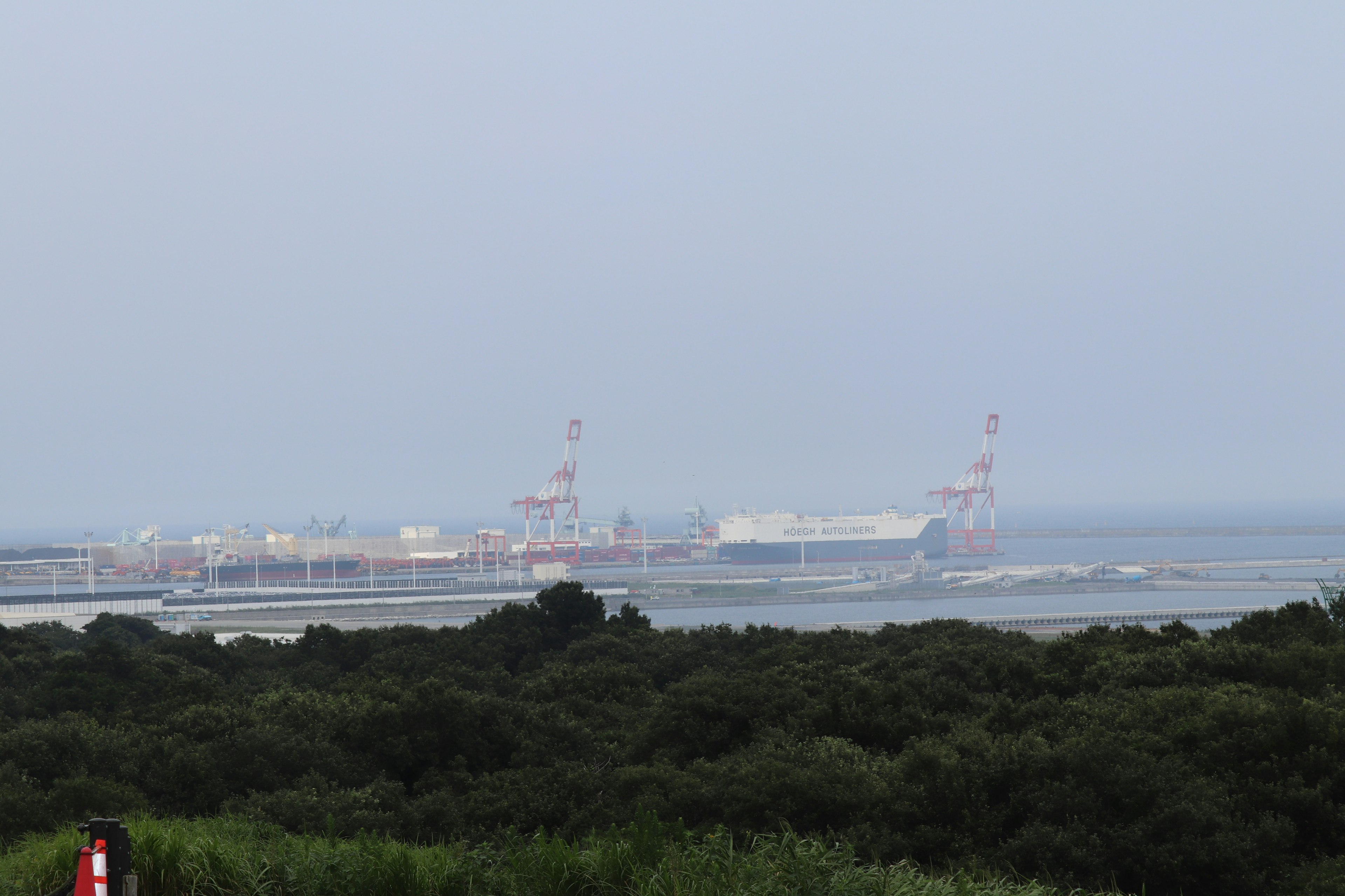 Vista de una instalación industrial cerca del mar con cielo nublado y vegetación verde