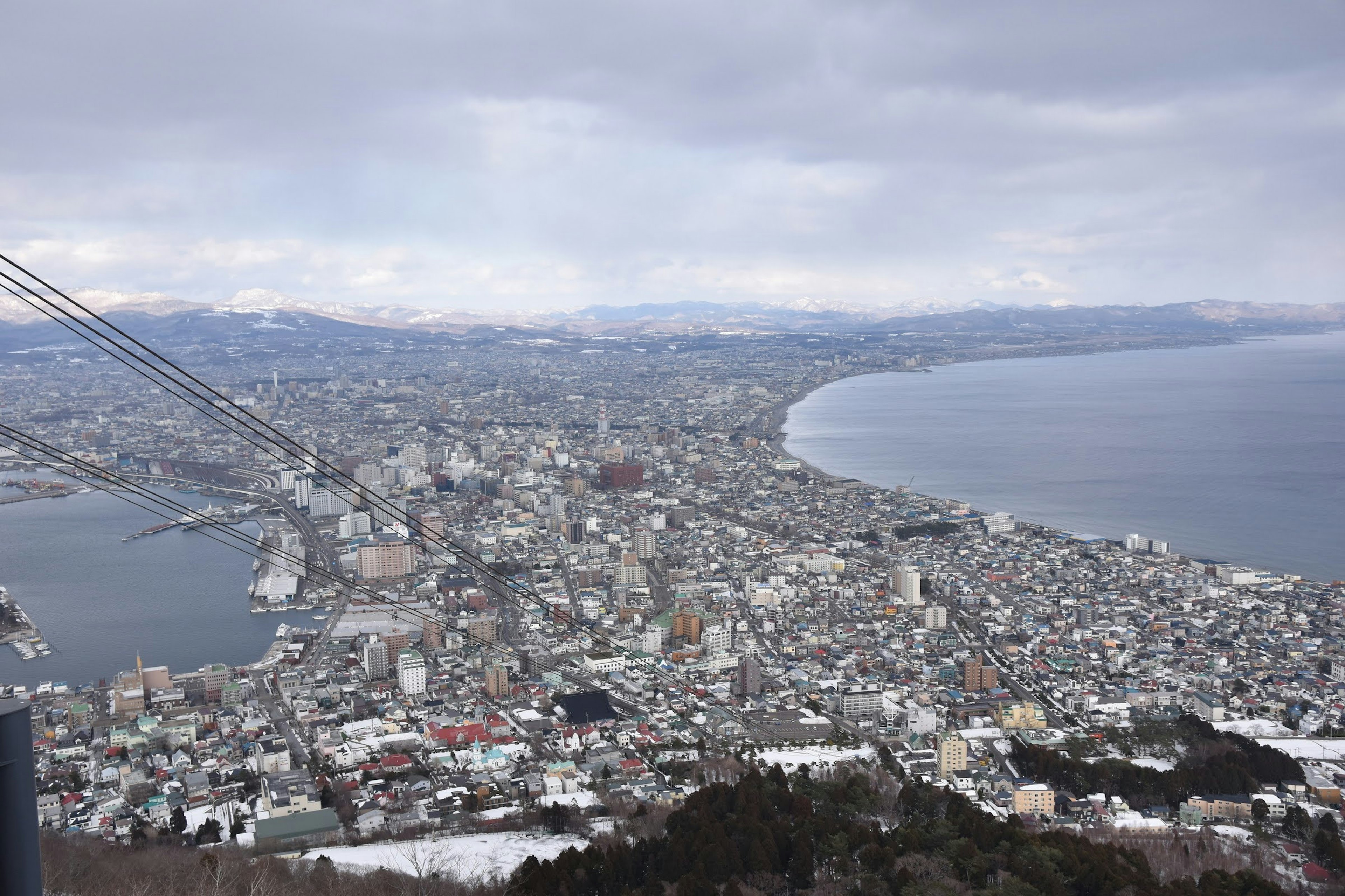 从山上俯瞰函馆的冬季景色美丽的海岸线和被雪覆盖的建筑