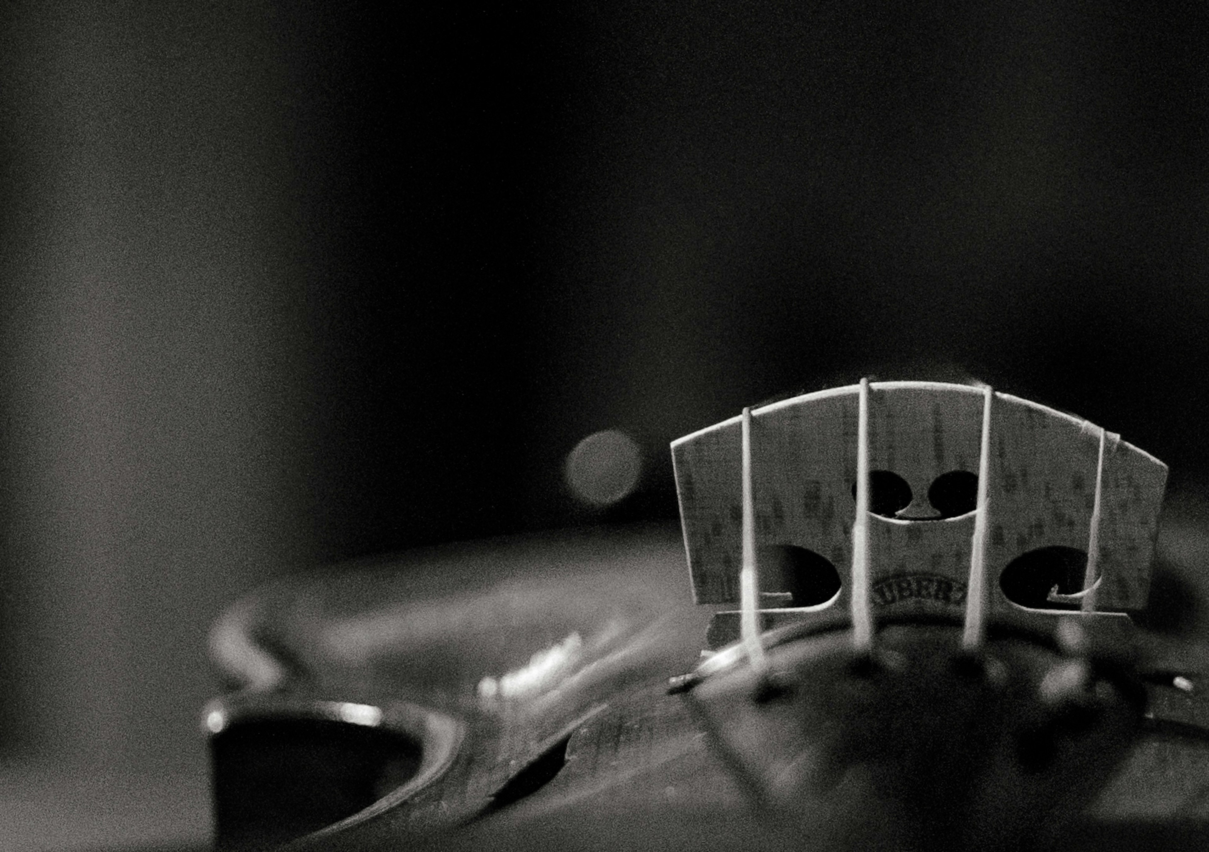 Close-up of a violin bridge in black and white