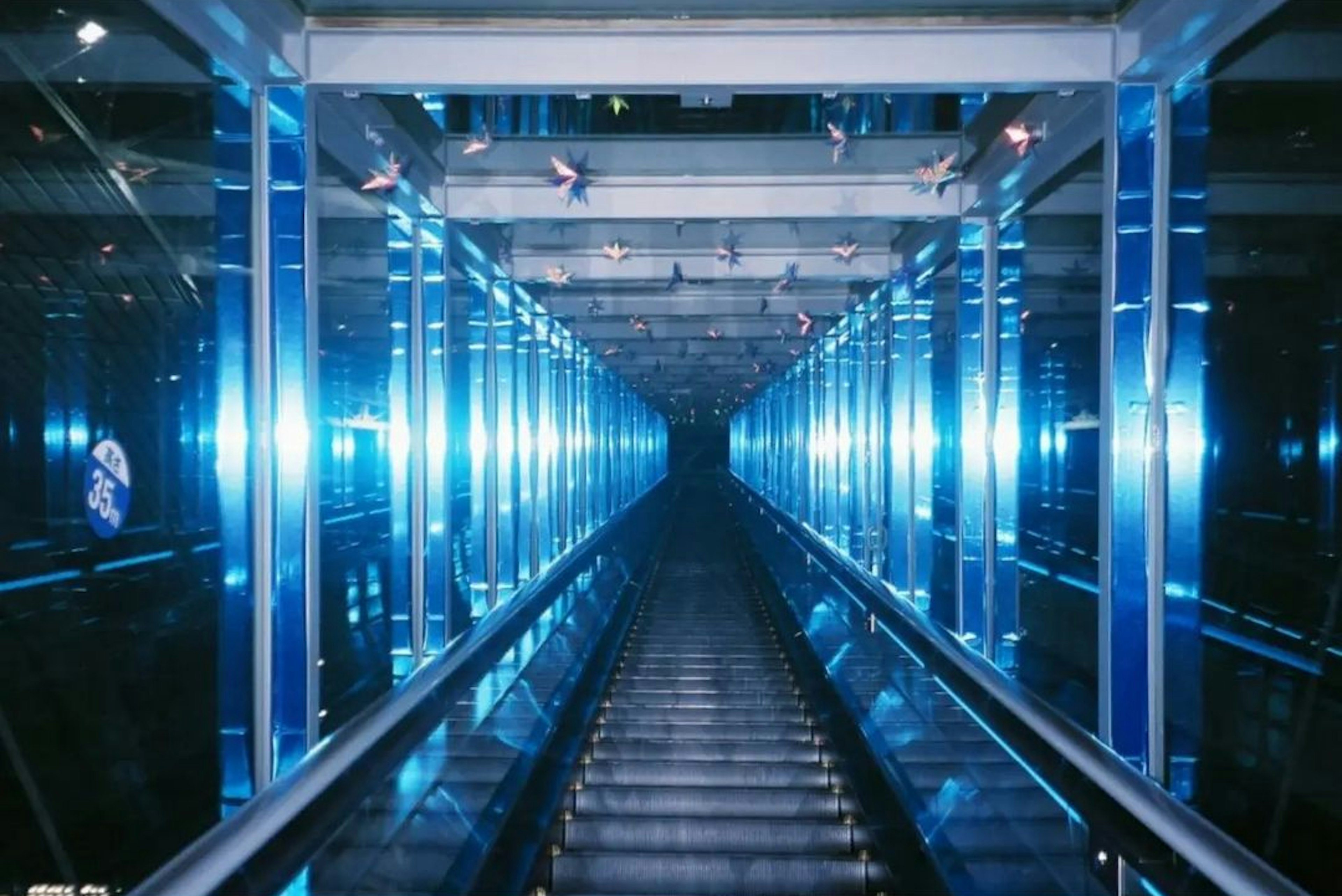 Intérieur d'un puits d'ascenseur moderne éclairé par des lumières bleues