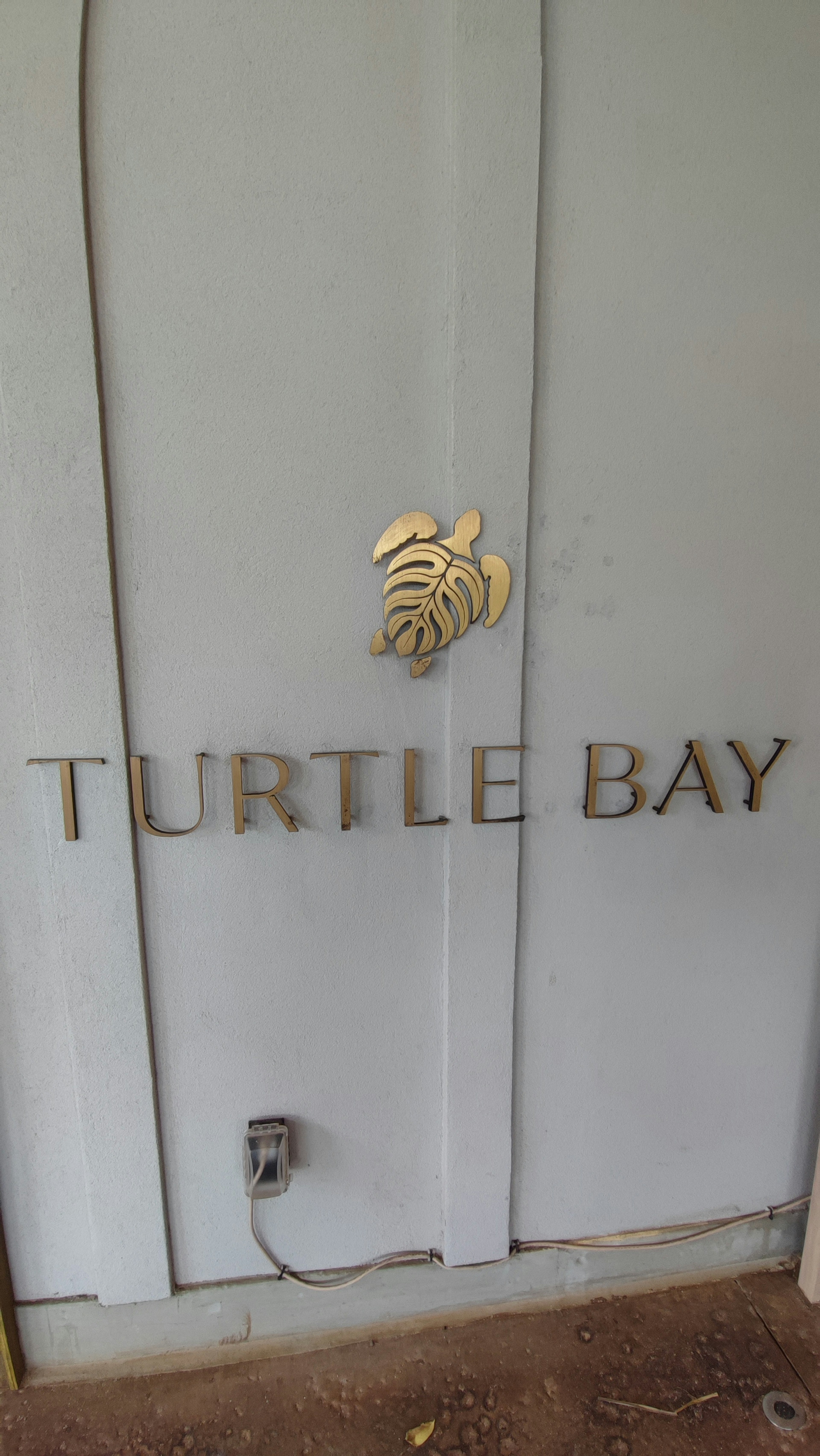 Porte blanche avec une enseigne dorée indiquant Turtle Bay