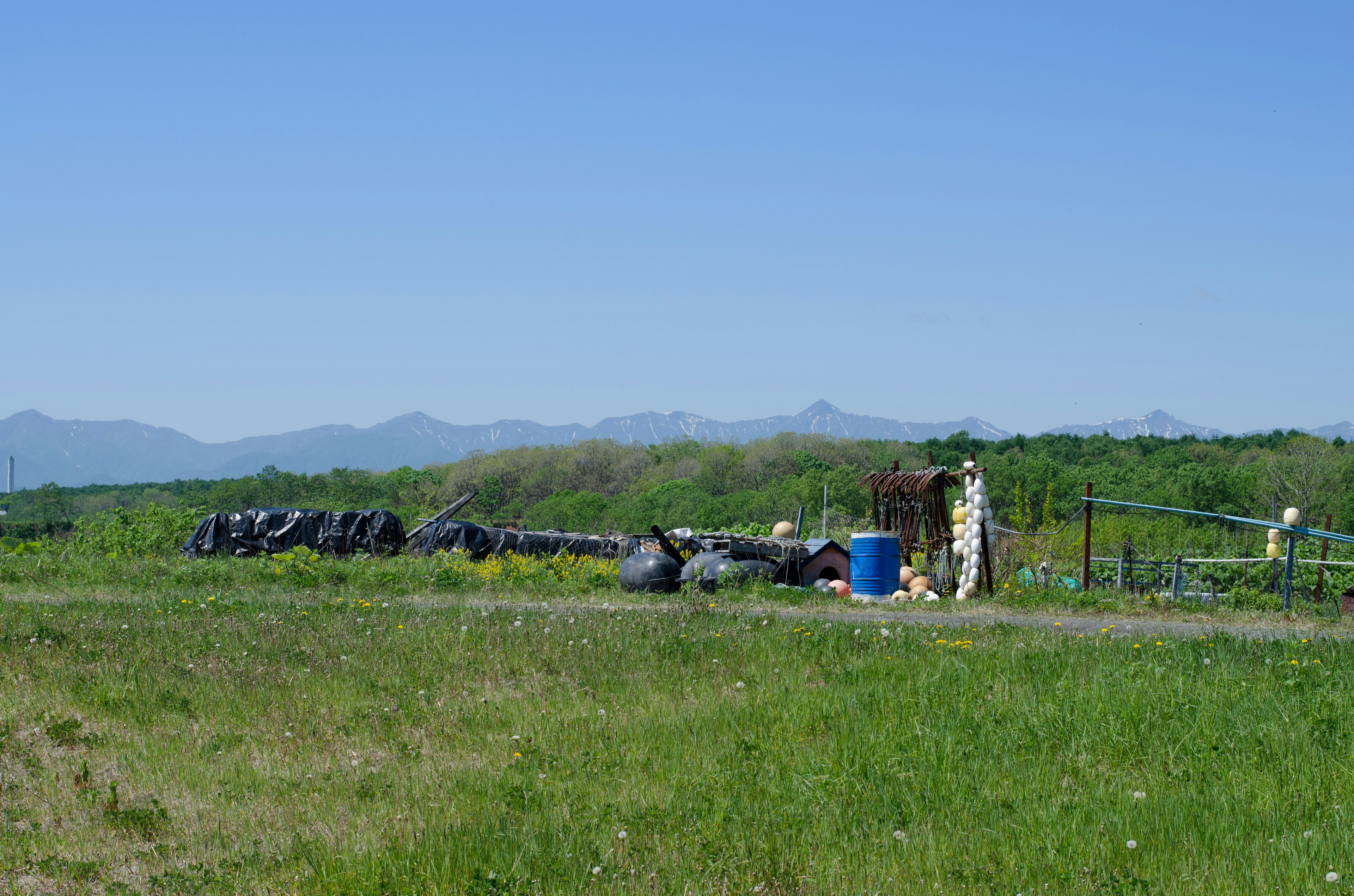 Zone herbeuse verte avec une clôture et des sacs poubelles sur fond de ciel bleu et de montagnes