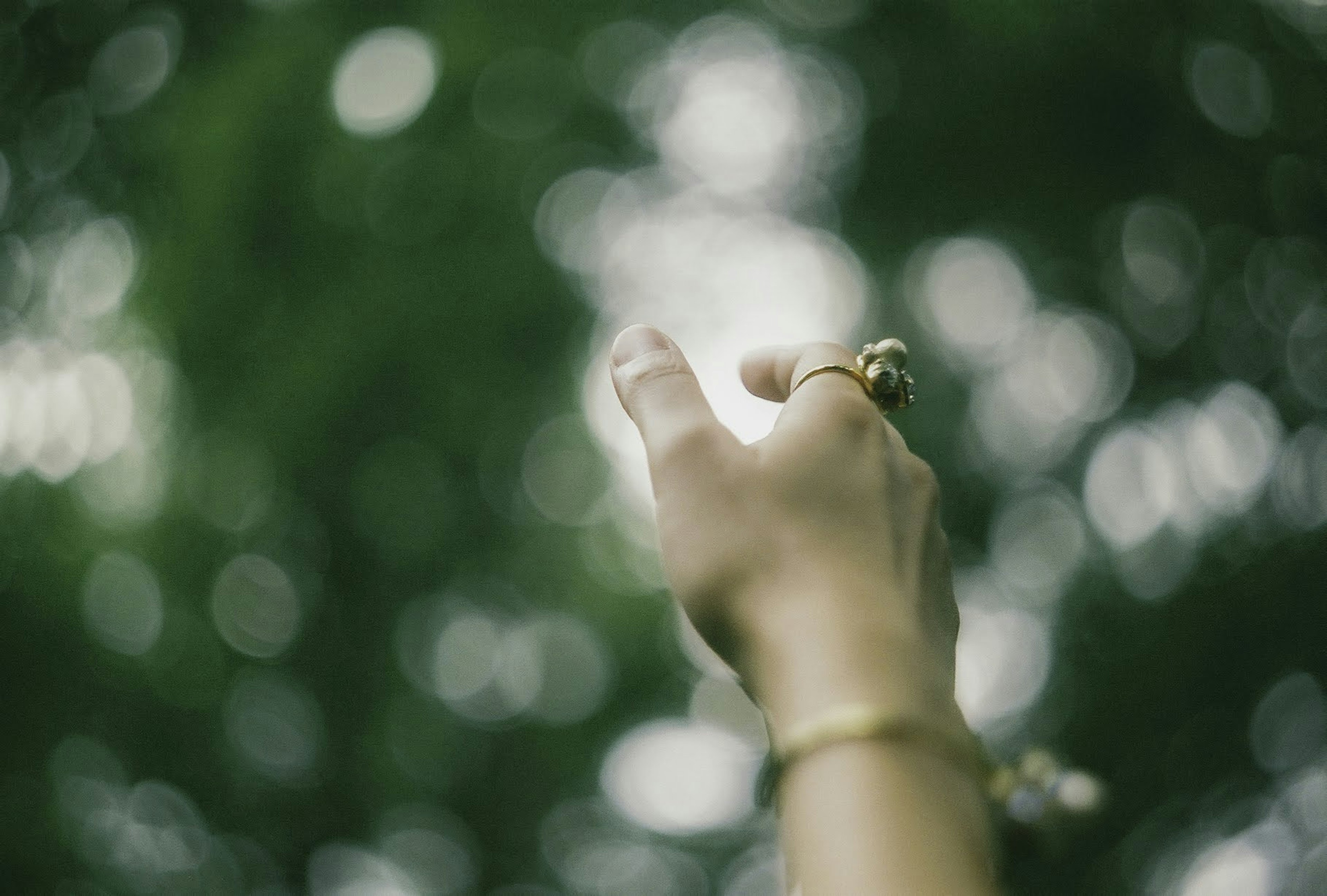 A hand reaching upwards against a green blurred background featuring several rings