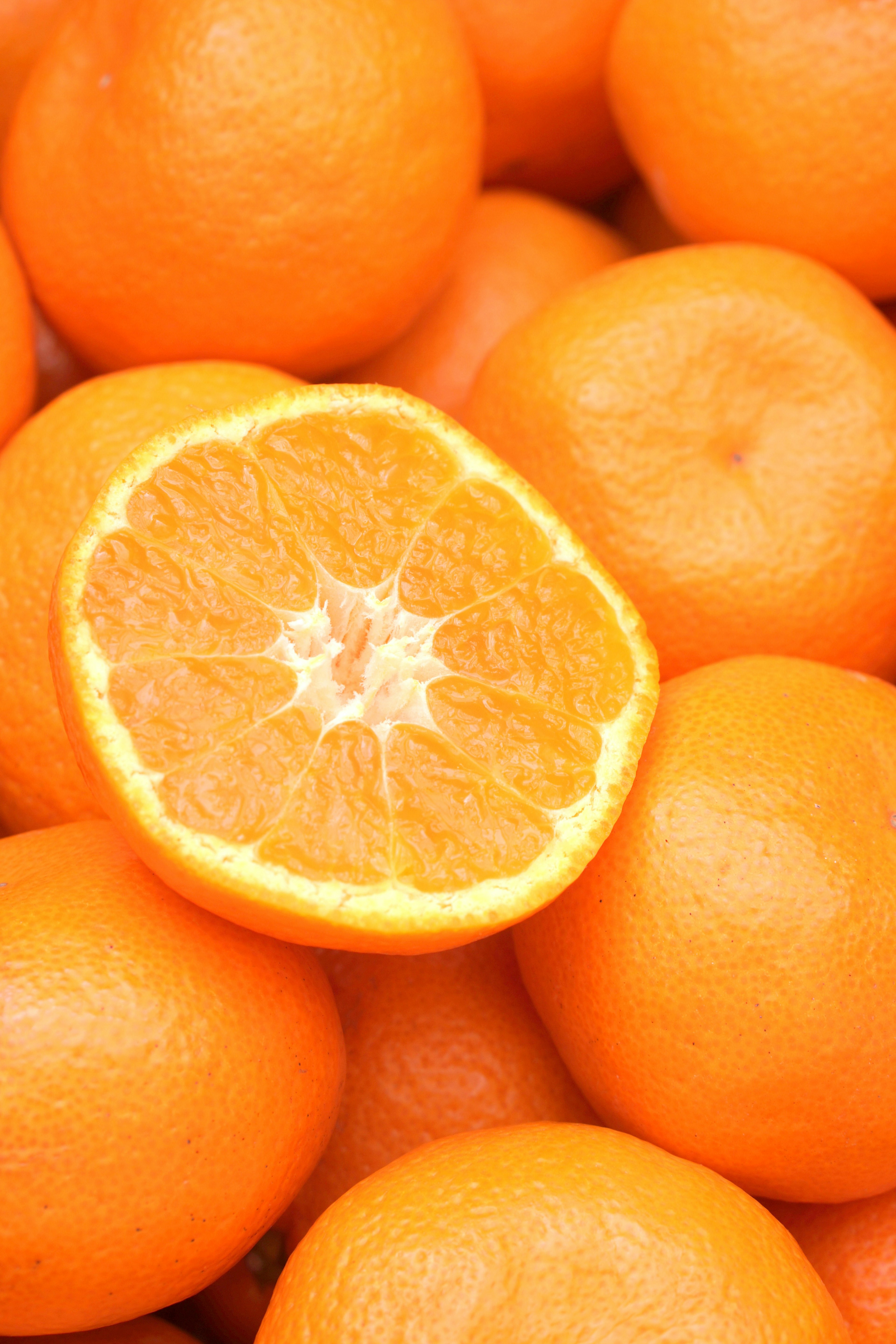 Sliced orange resting among whole oranges