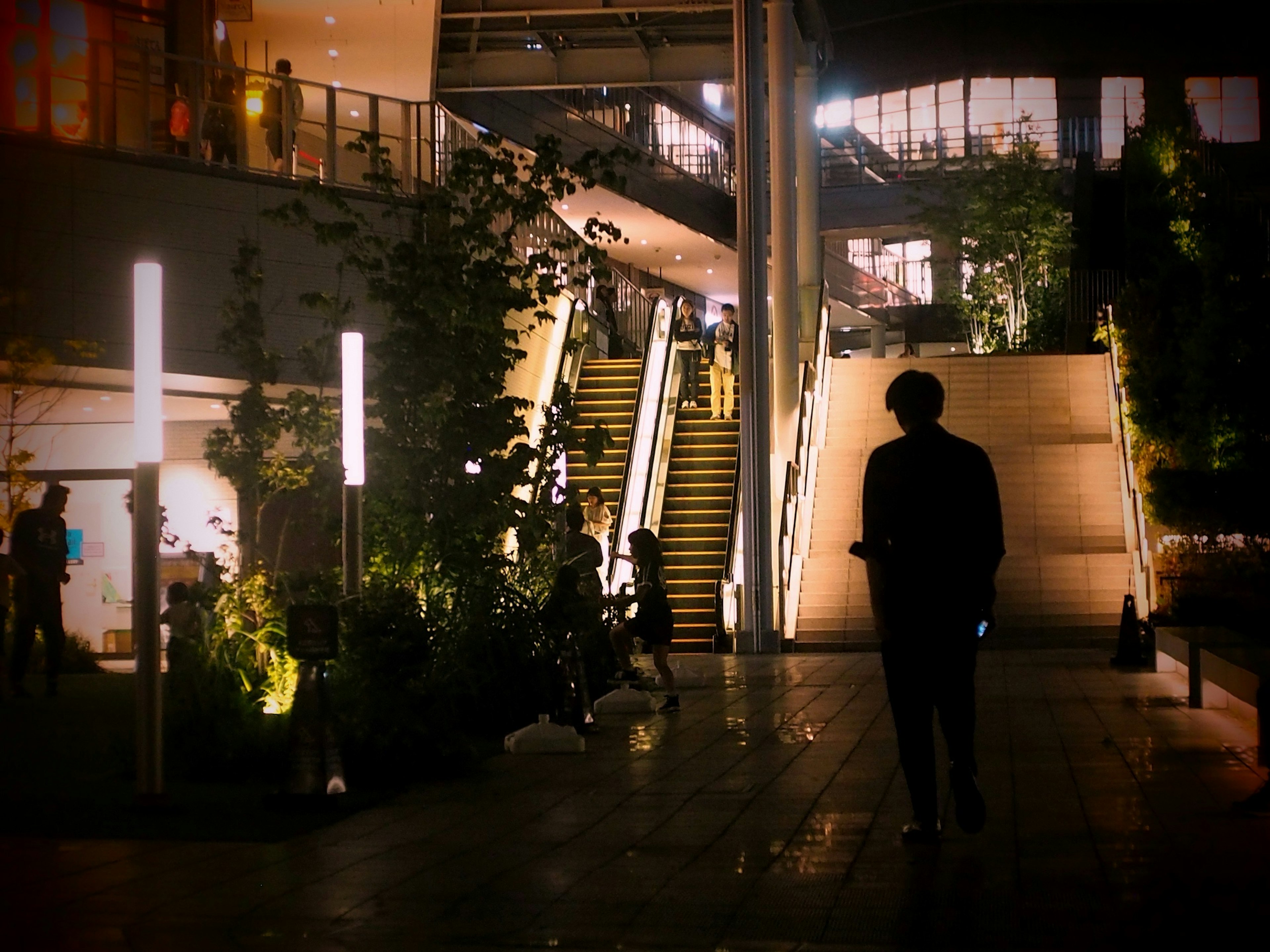 Silueta de una persona en un entorno urbano nocturno con escaleras iluminadas