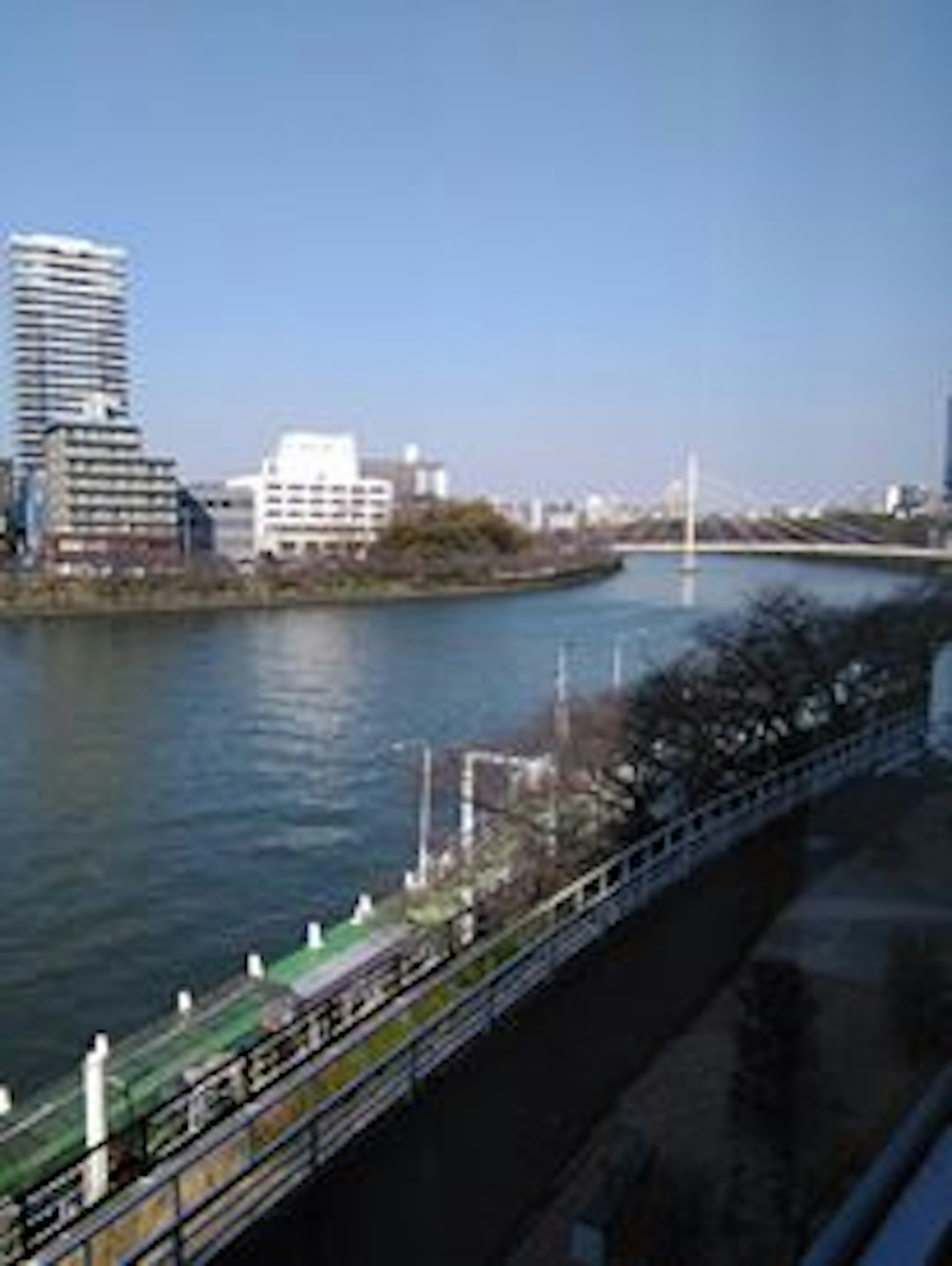 Scenic view of a river with blue sky high-rise buildings and a bridge