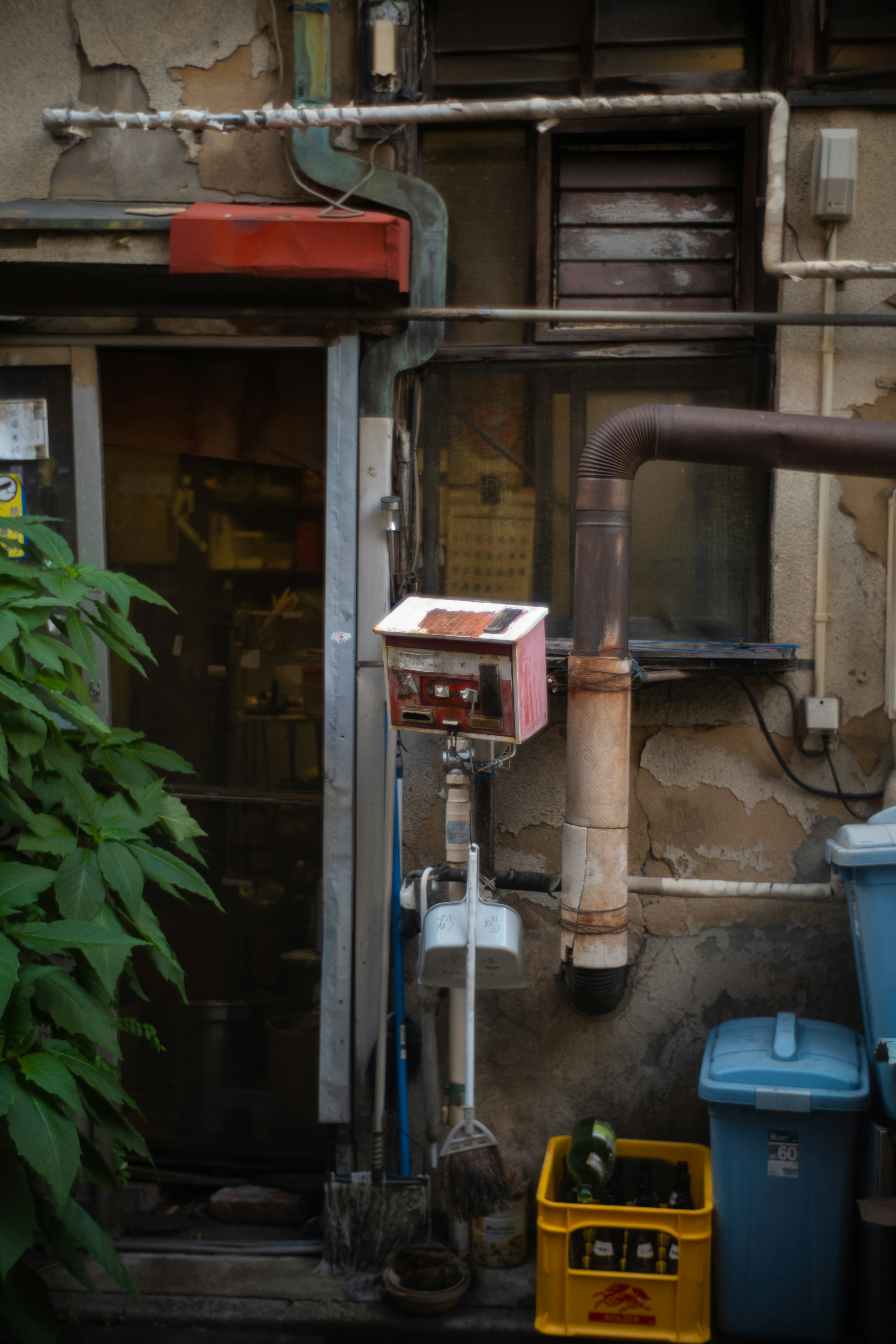 古い建物の裏口と配管があるシーン