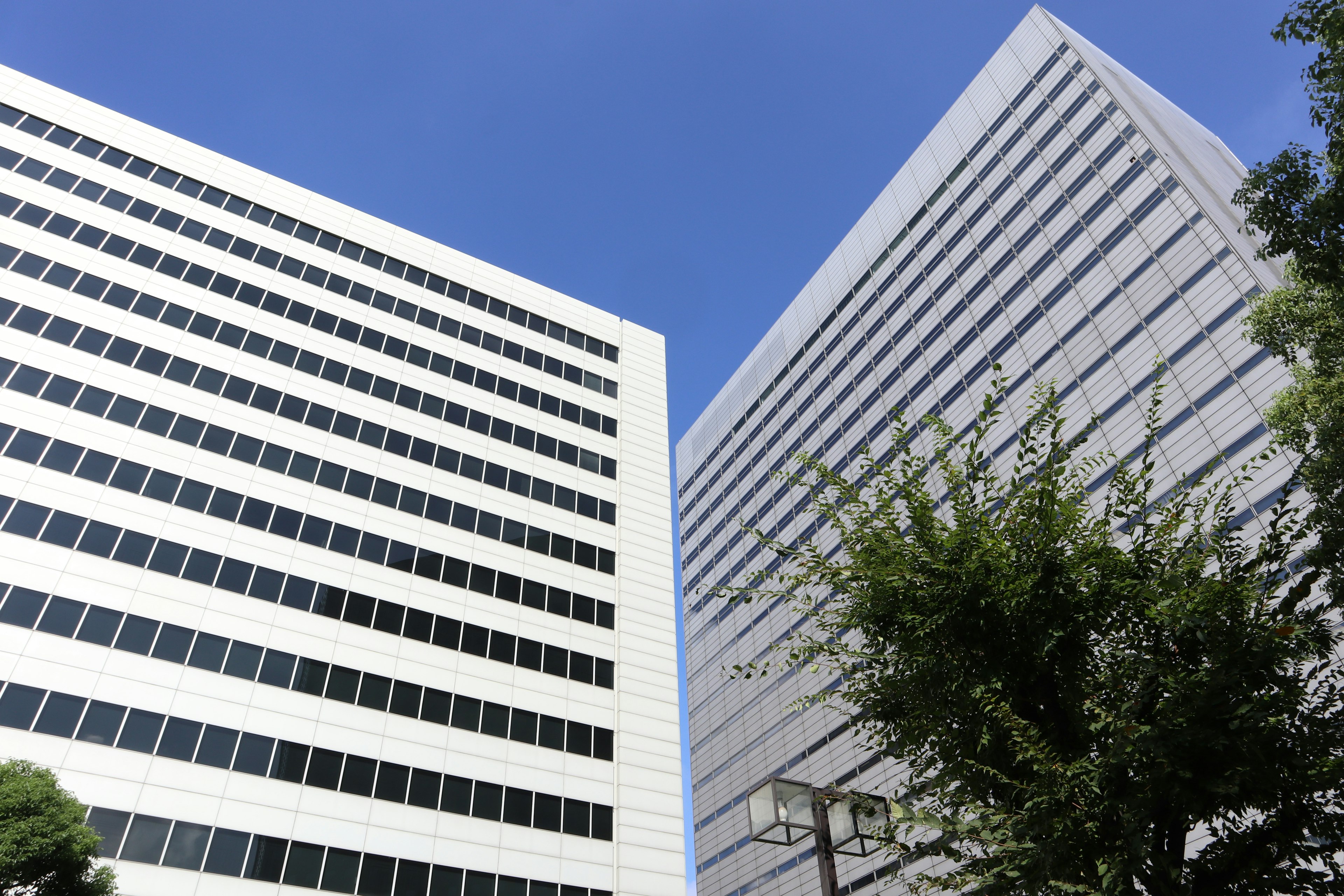 Deux bâtiments modernes avec un ciel bleu clair