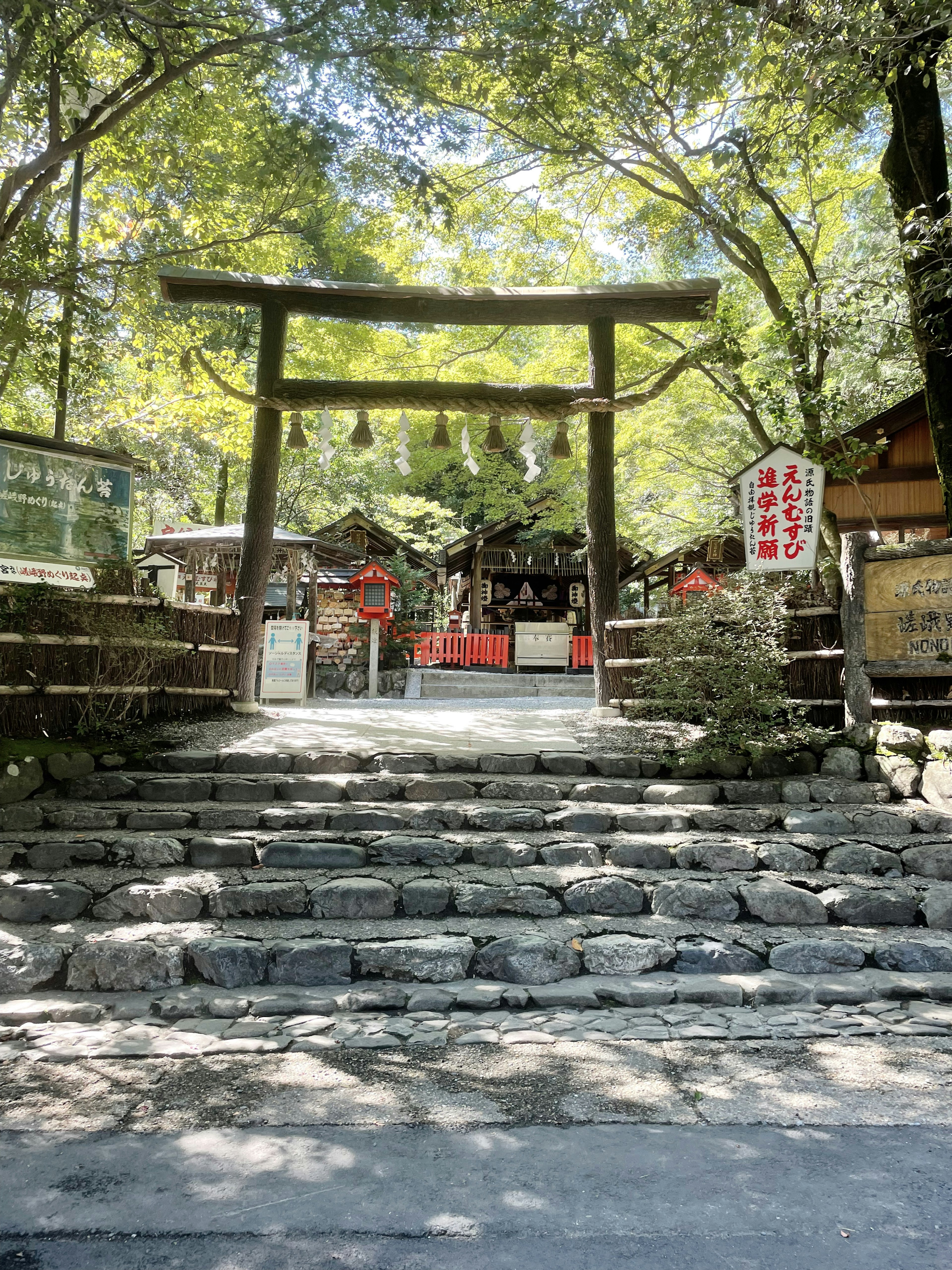 Escaleras de piedra que llevan a un torii rodeado de árboles verdes