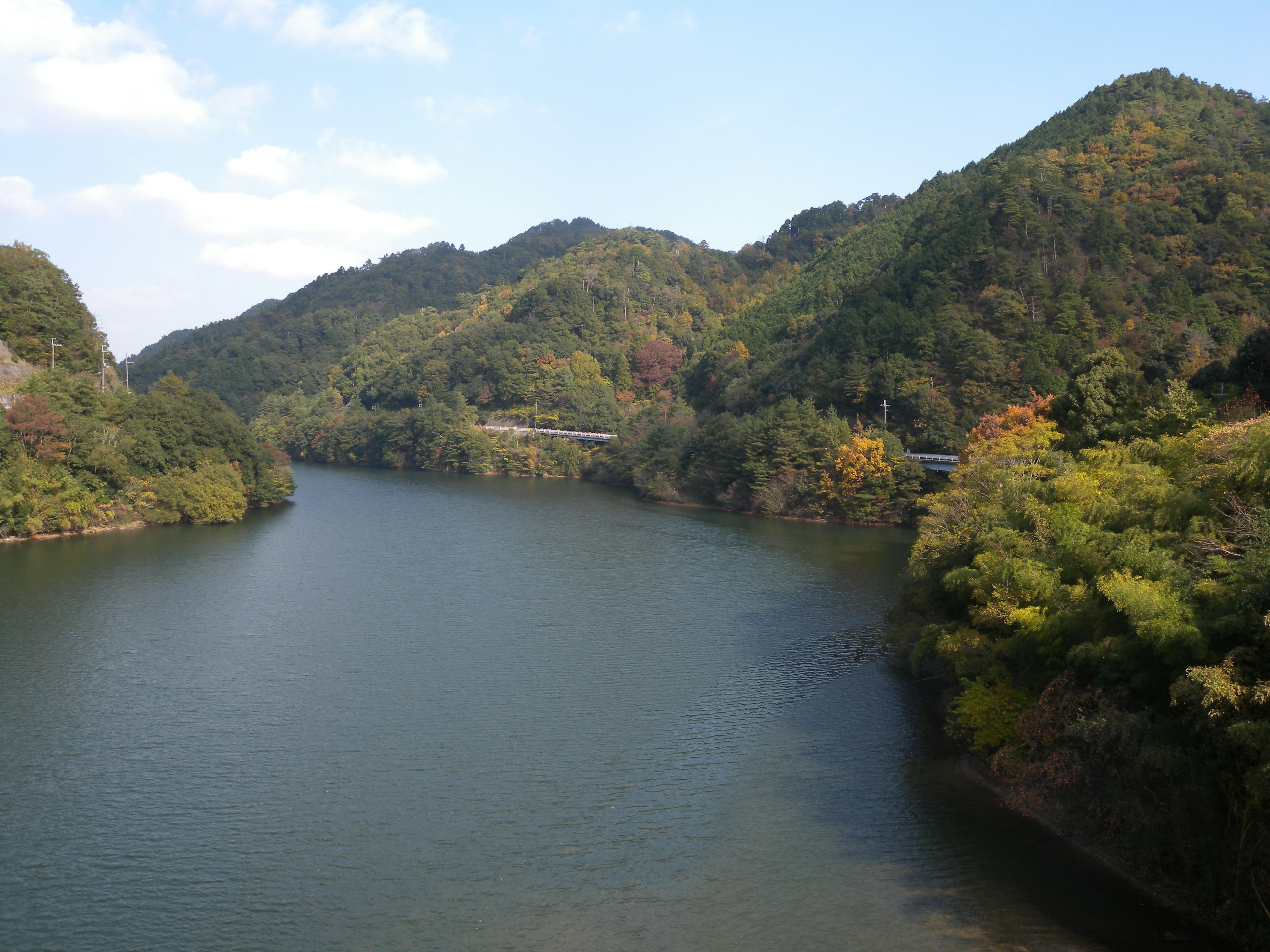 美しい山々に囲まれた静かな川の風景