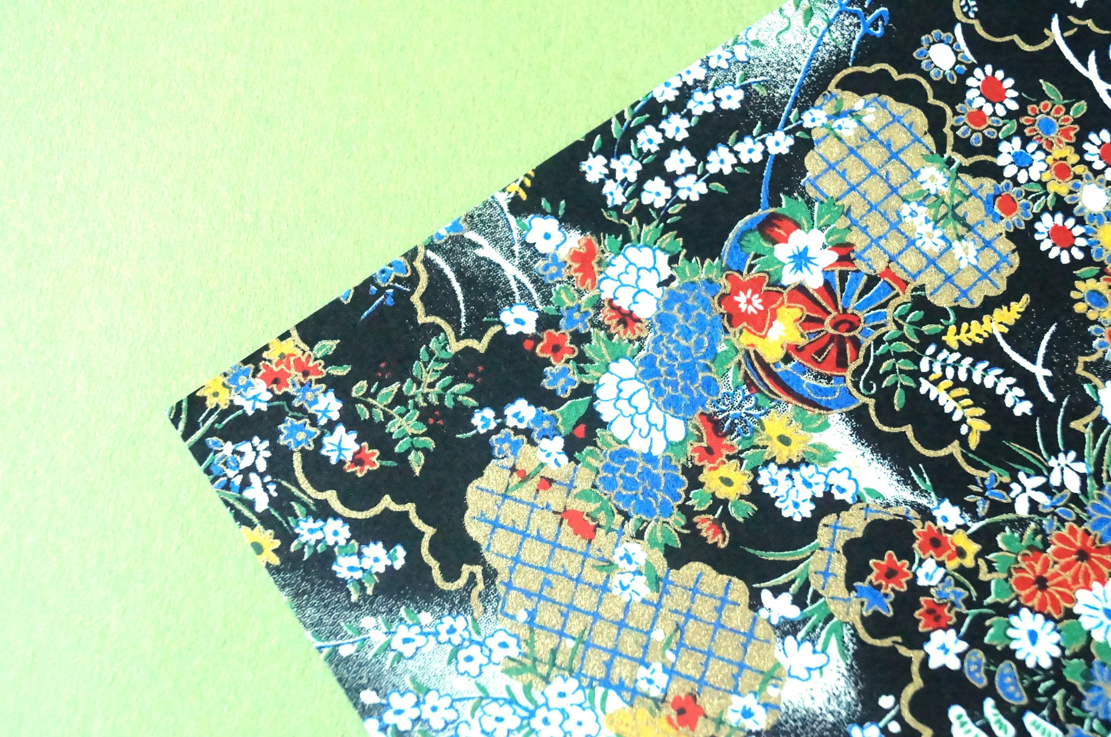 A portion of black fabric with colorful floral patterns against a green background