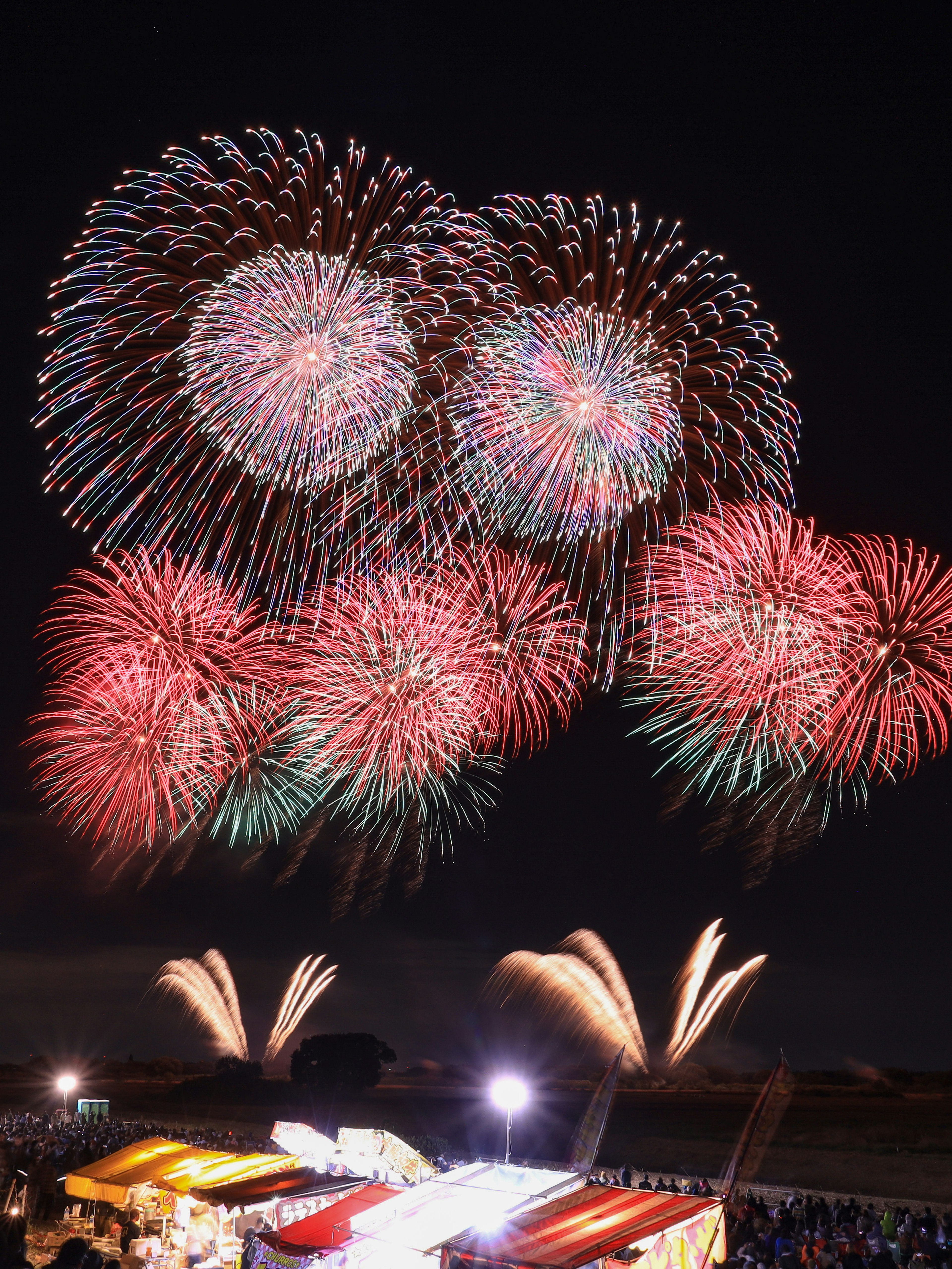 Spectacle de feux d'artifice colorés illuminant le ciel nocturne avec une foule qui regarde