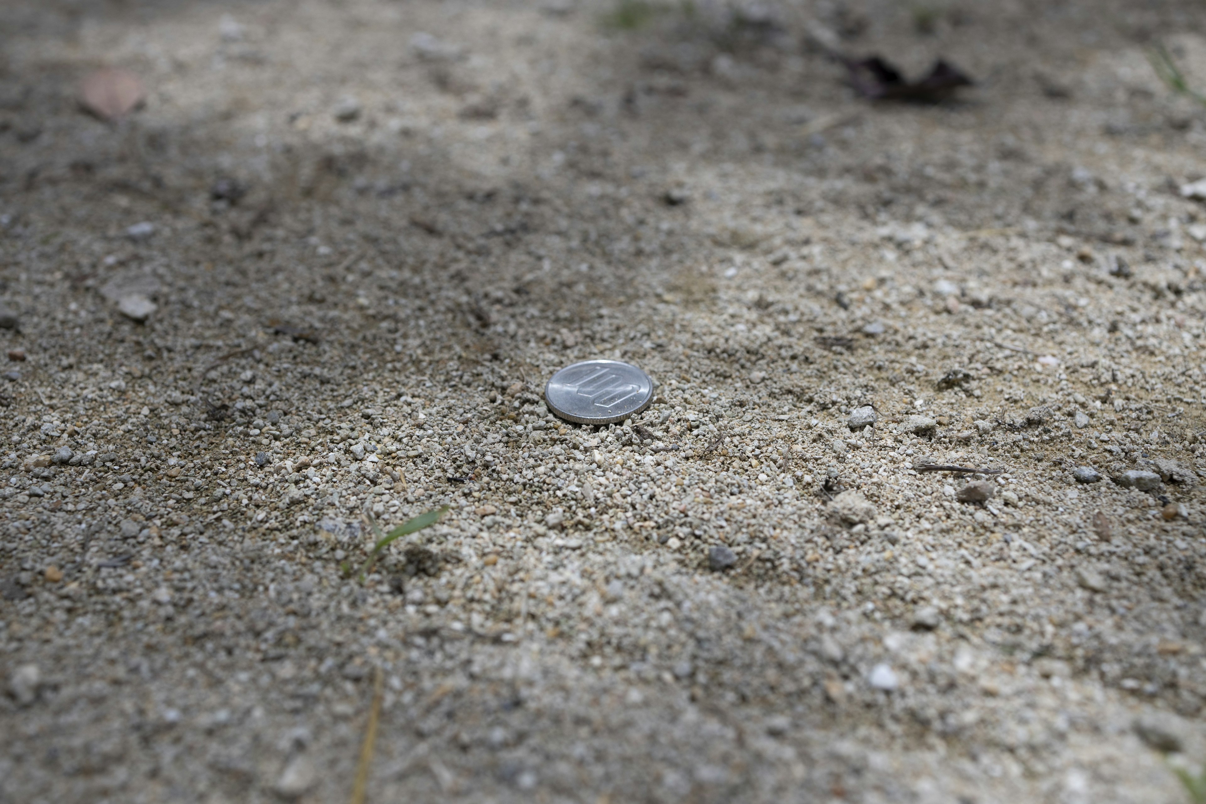 Close-up image of a coin resting on sandy ground