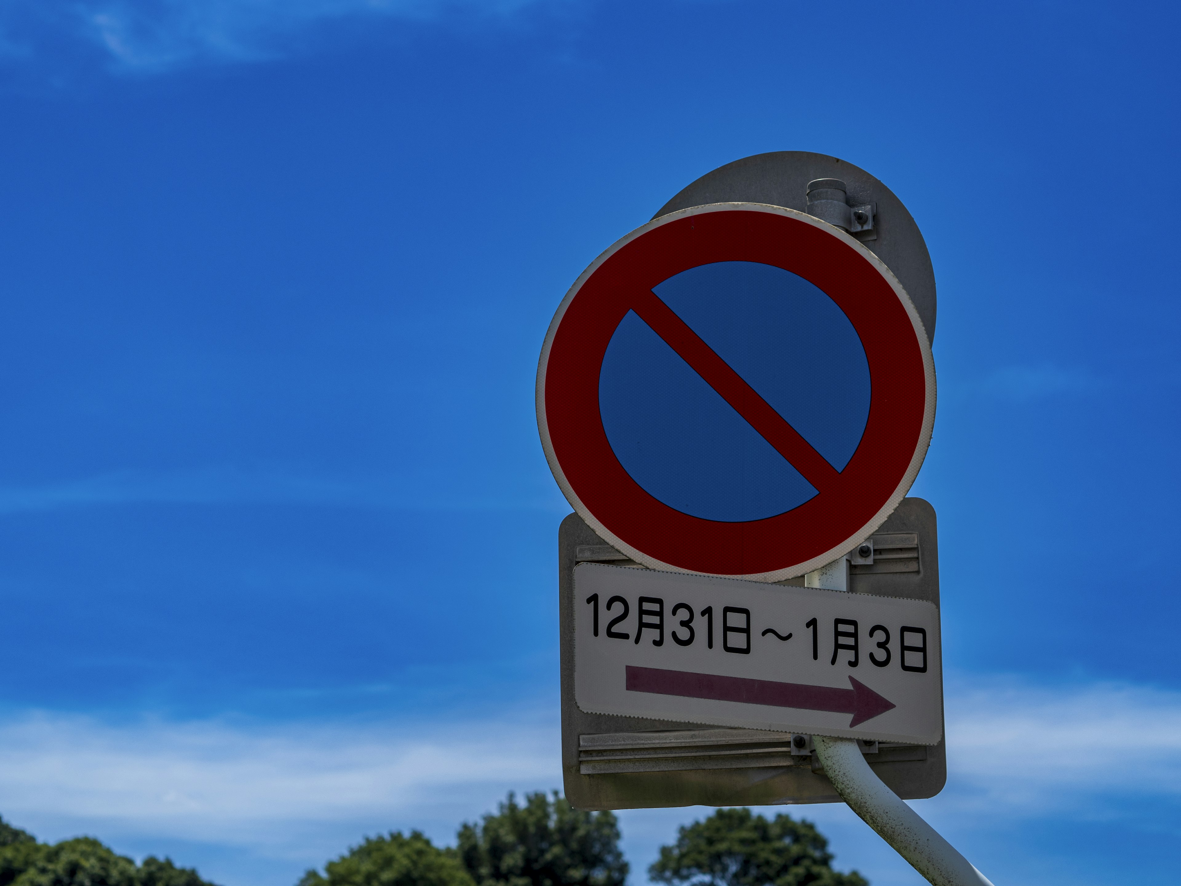 Panneau de stationnement interdit sous un ciel bleu avec un cercle rouge et une flèche blanche