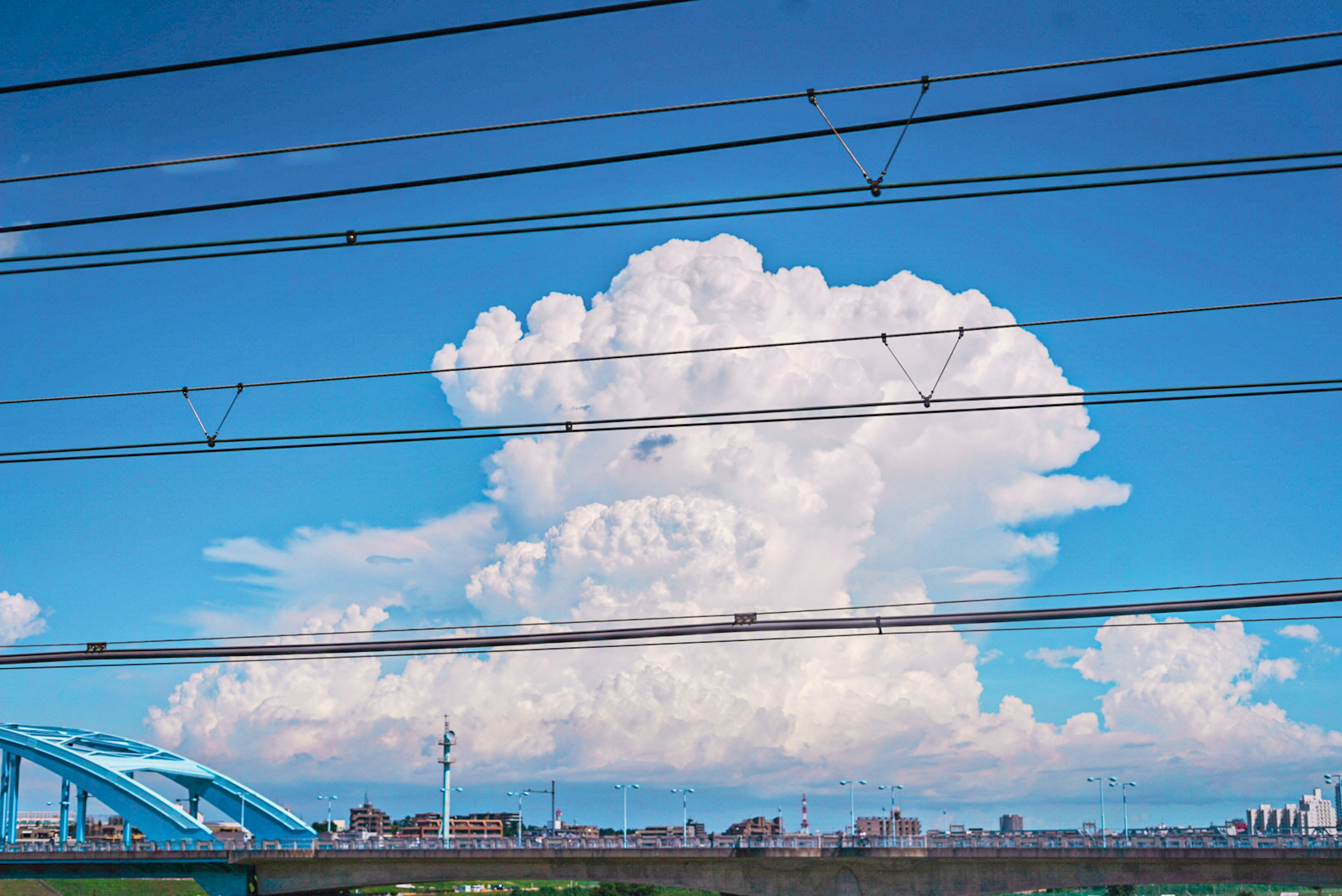 青空に浮かぶ大きな白い雲と電線の風景