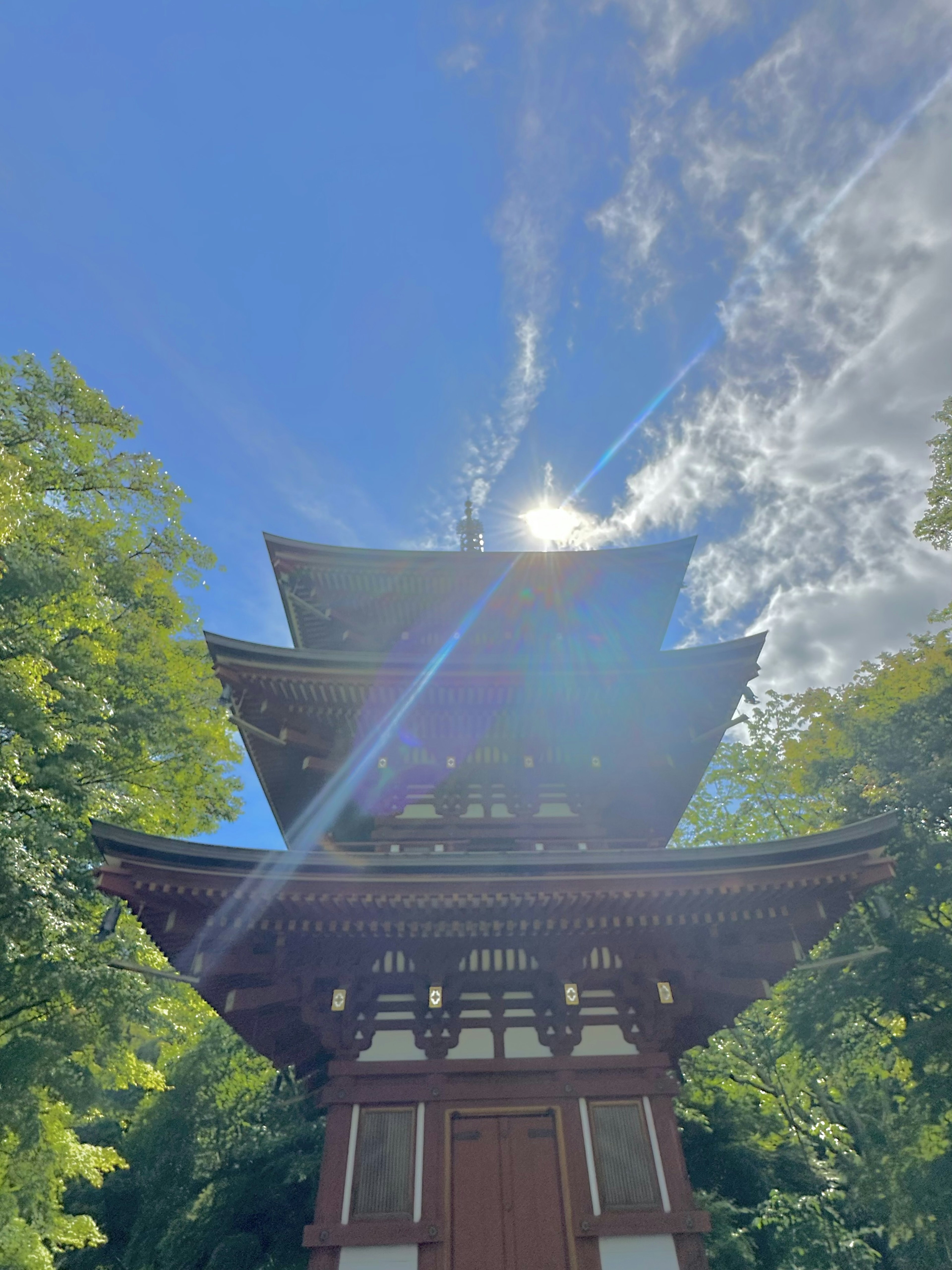 Image of a pagoda under a clear blue sky surrounded by lush green trees