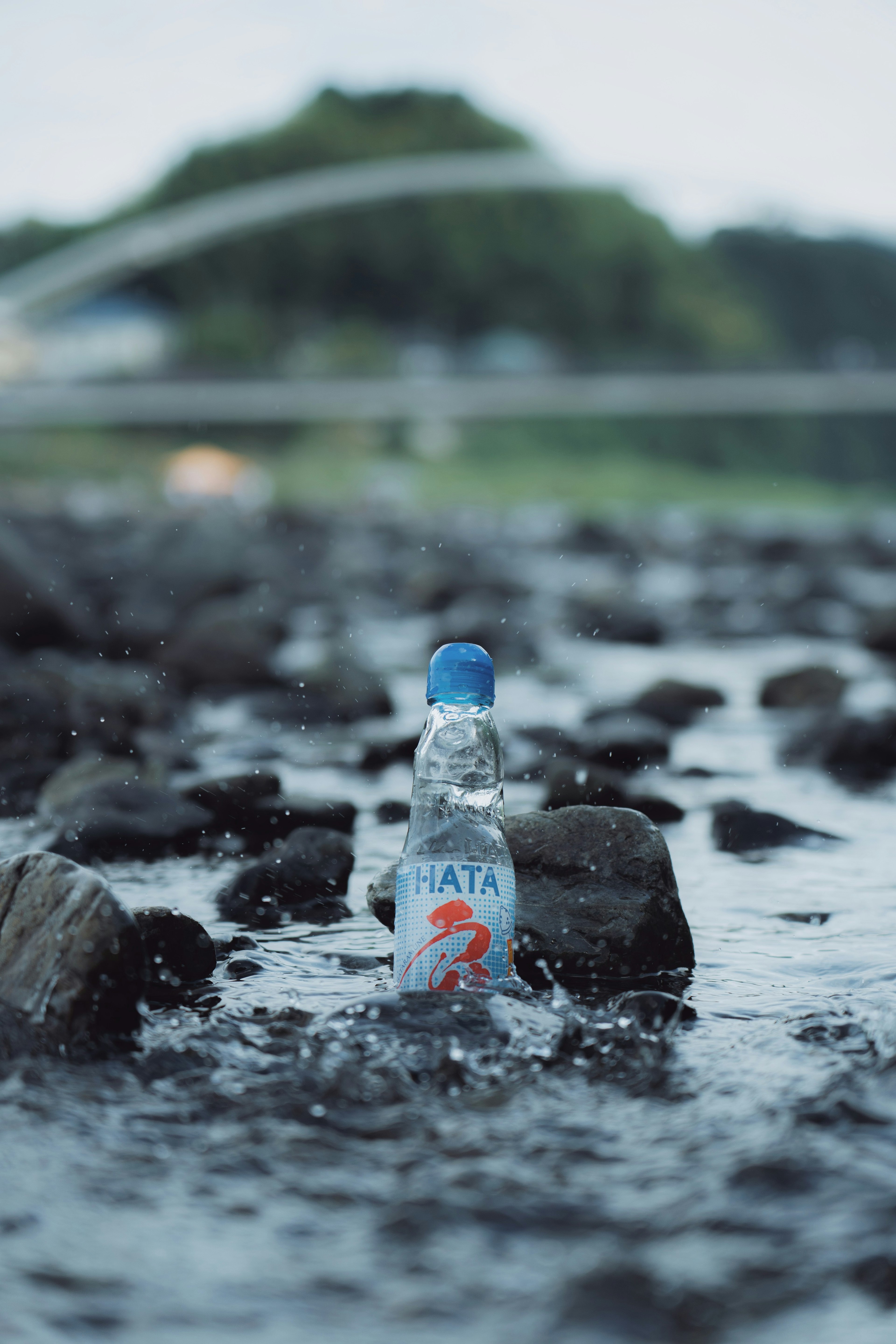 A plastic water bottle partially submerged in water with rocks around