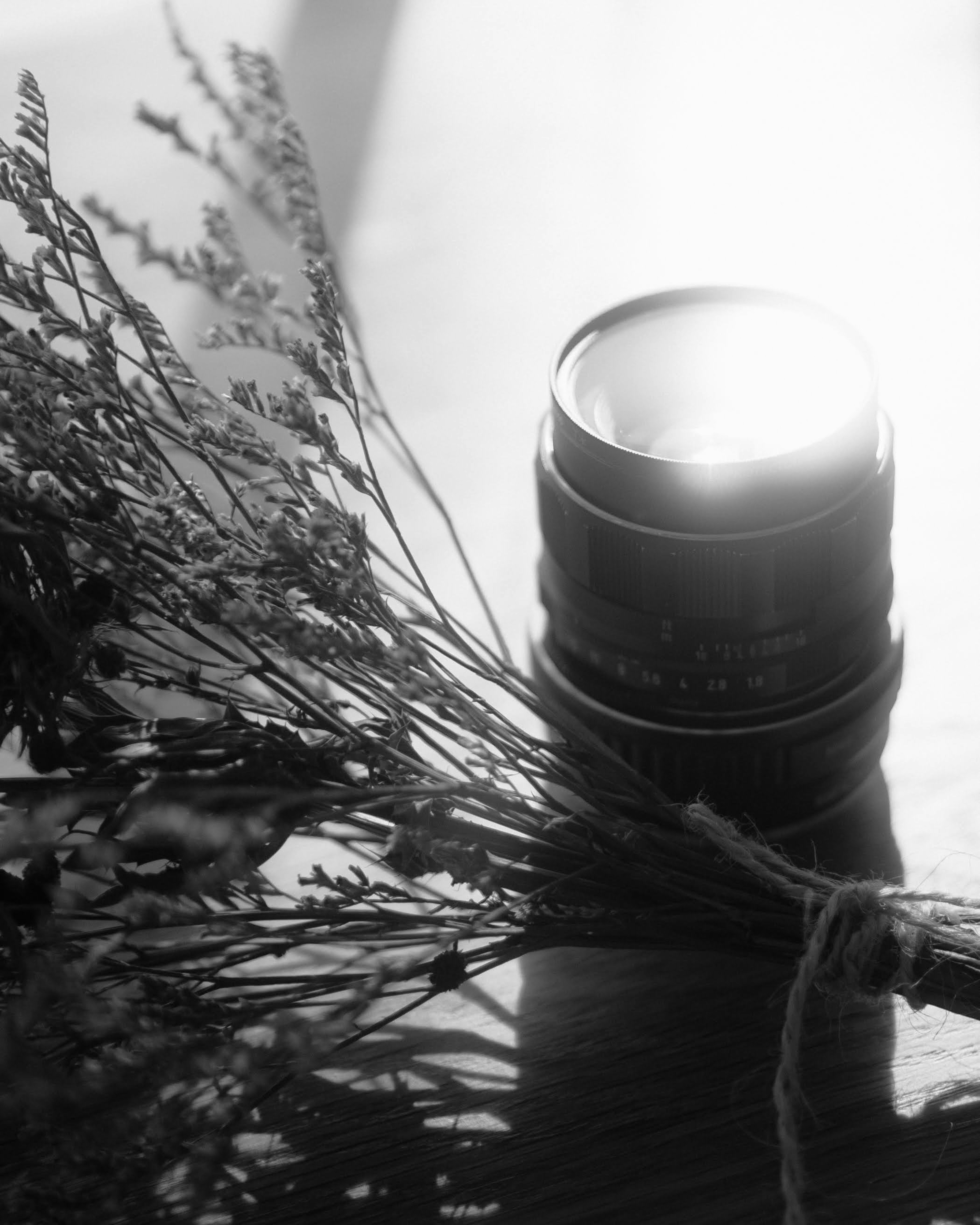 Black and white still life featuring a candle and a bundle of dried herbs