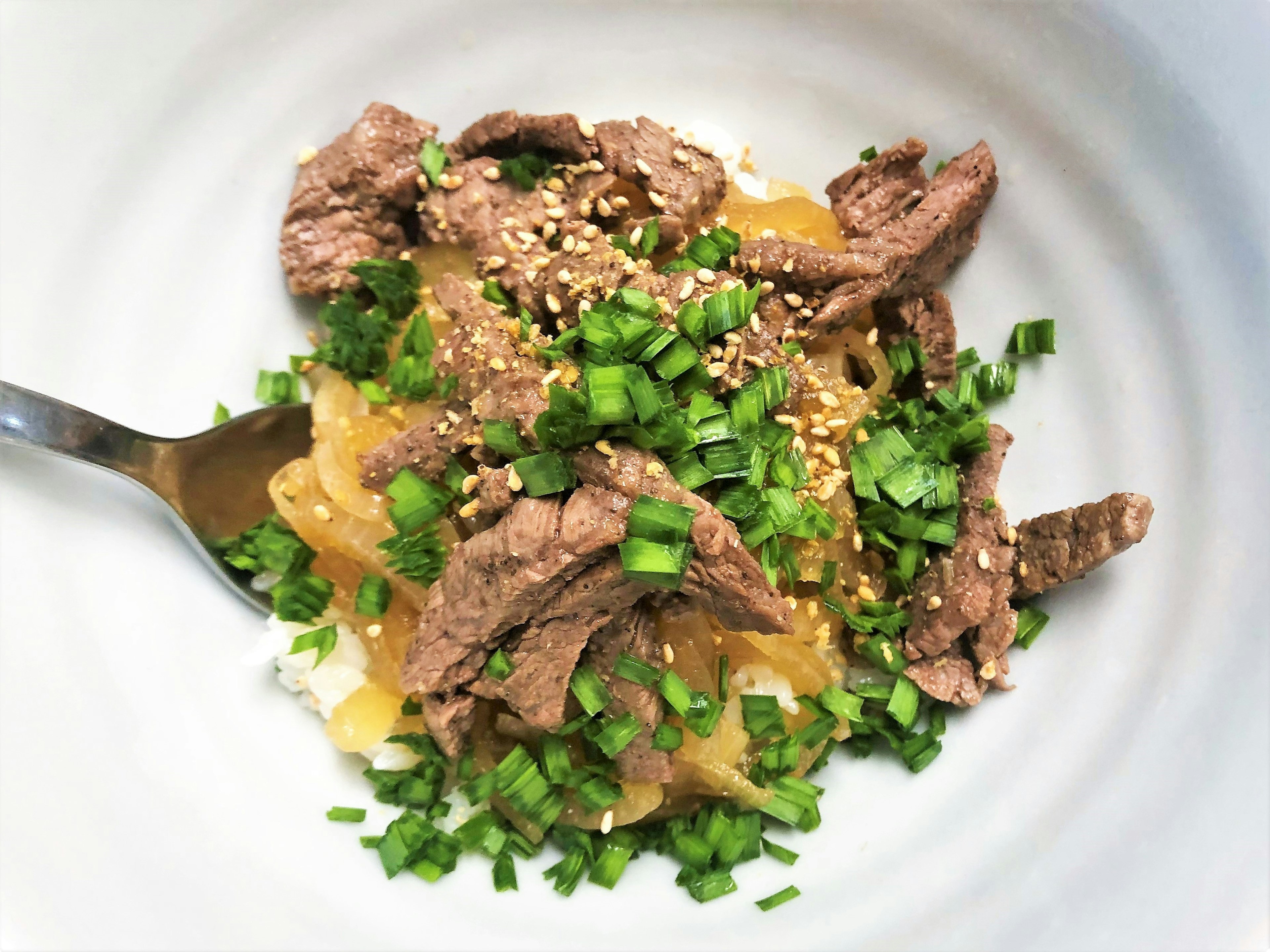 Plat de boeuf et d'oignons verts servi sur du riz