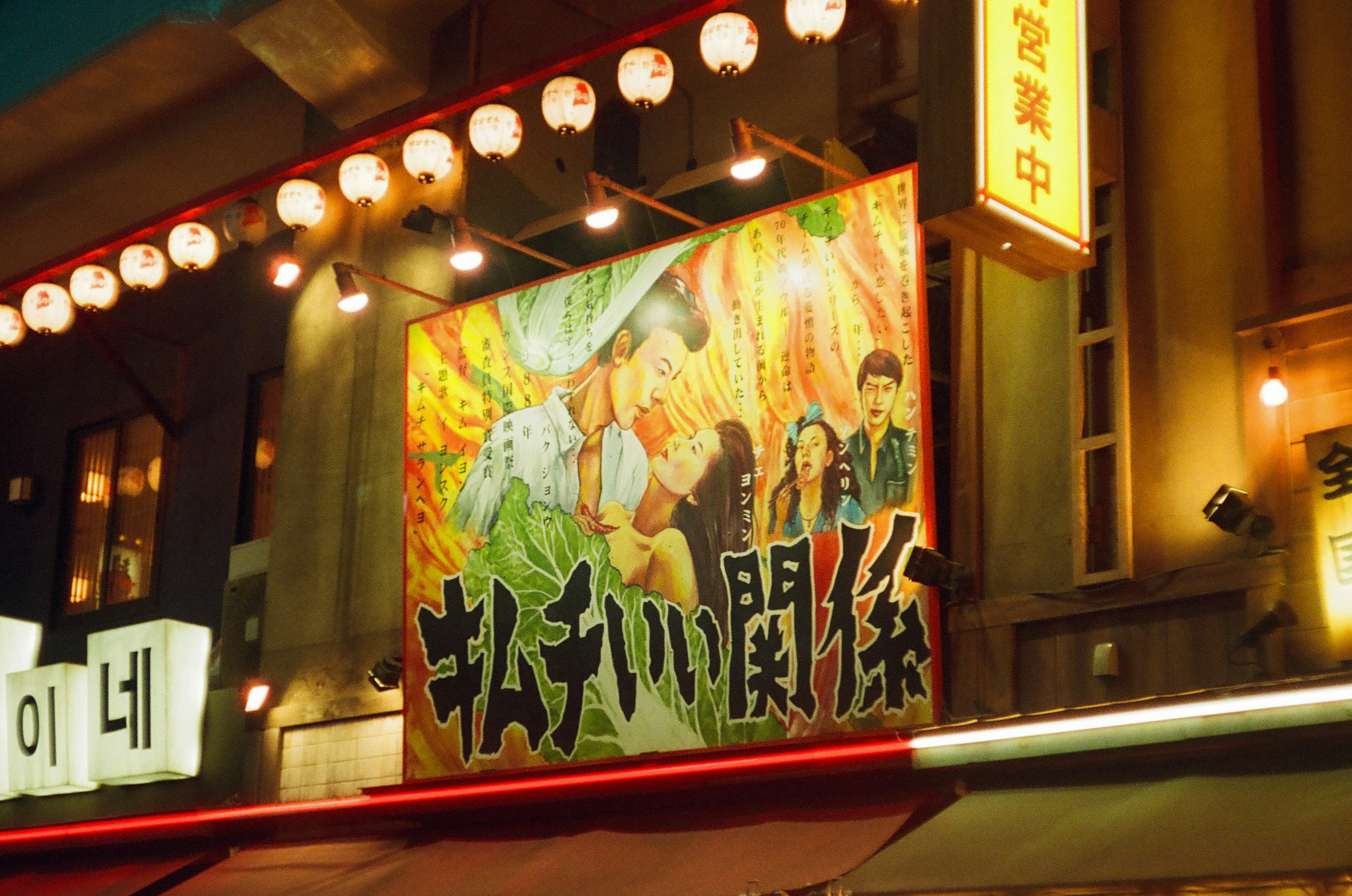 Colorful sign in a nighttime street showcasing Japanese culture