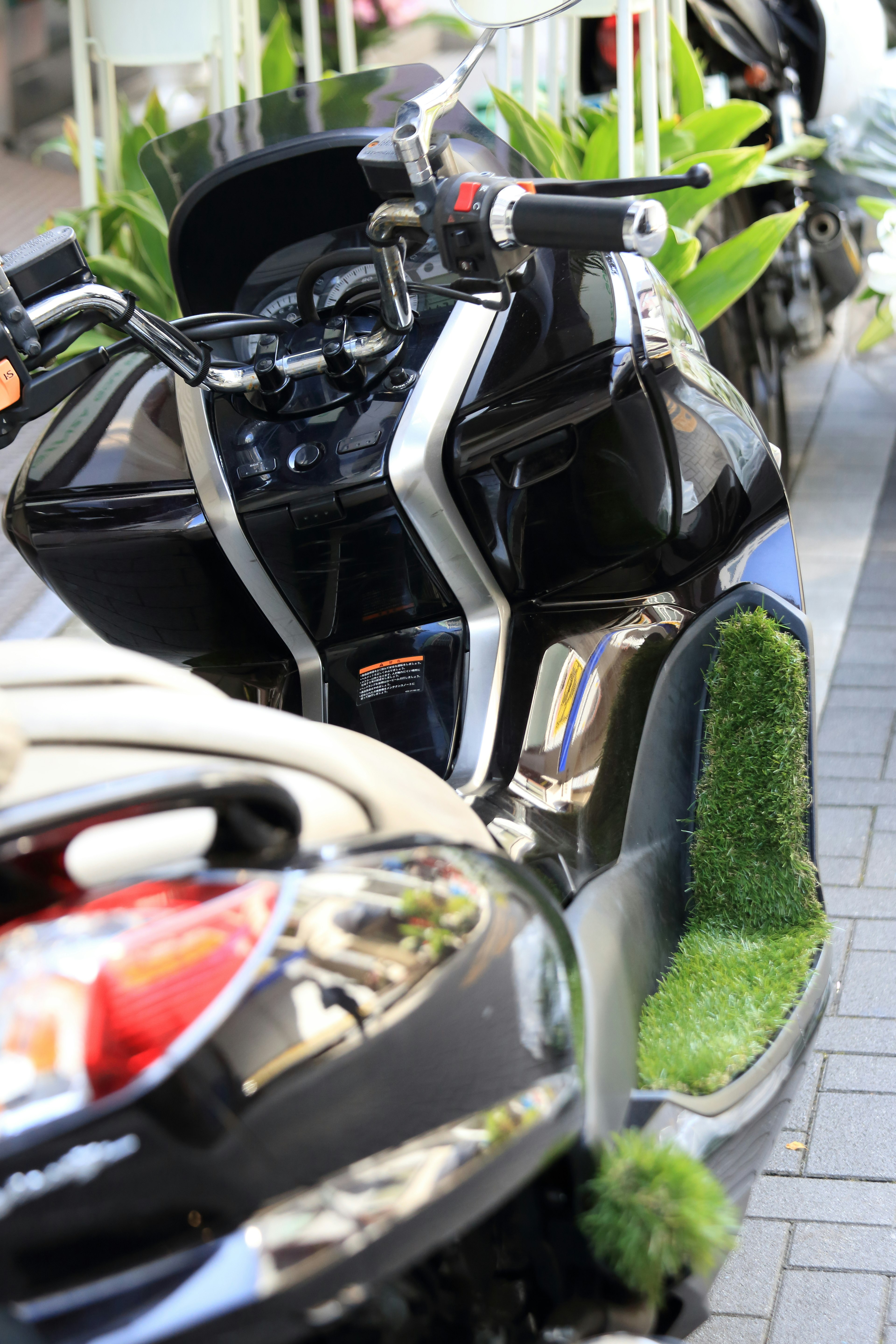 Motocicleta negra con decoración de hierba verde en el lado