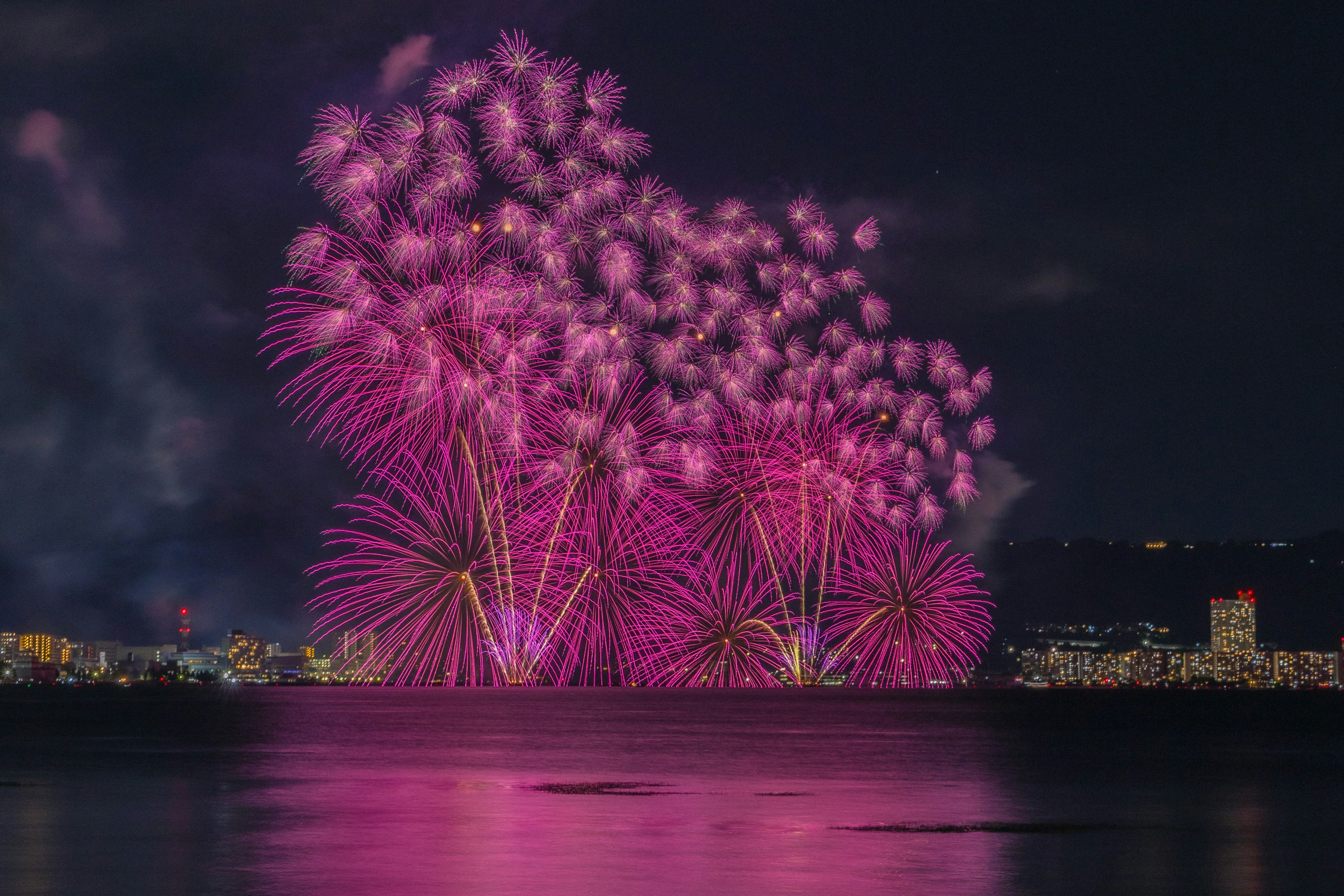 Des feux d'artifice roses vibrants se reflétant sur l'eau la nuit