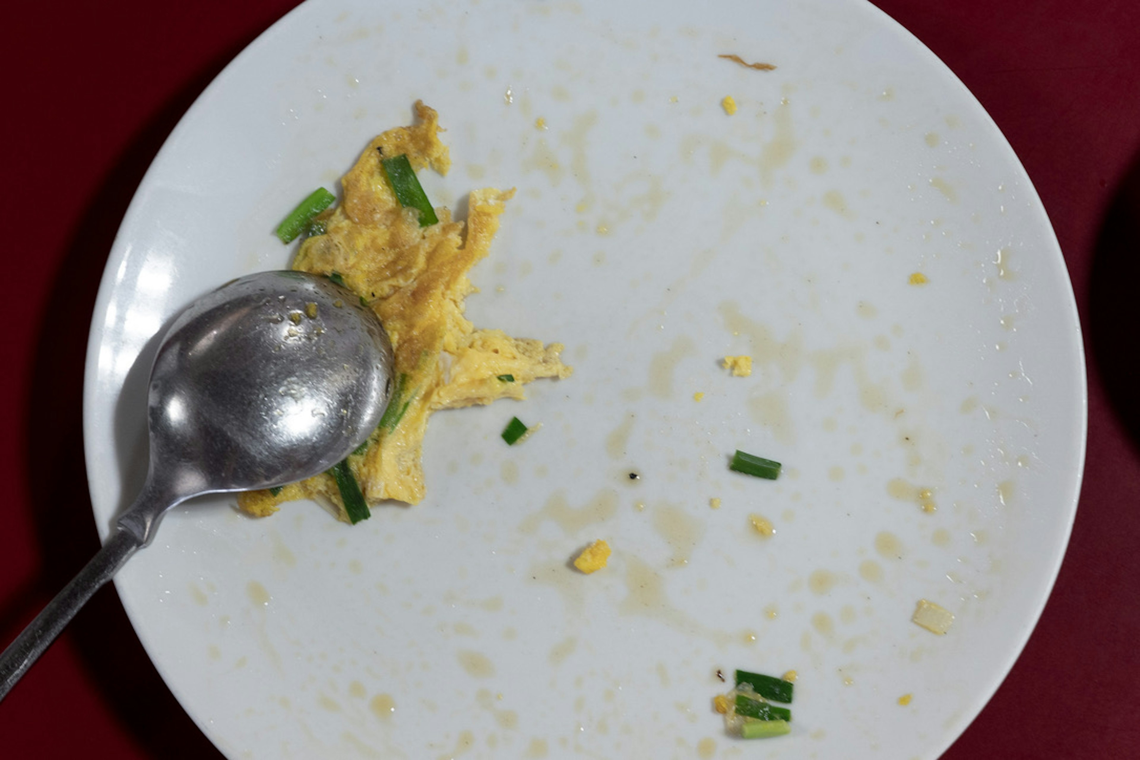 A plate with remnants of an egg dish and pieces of green onion