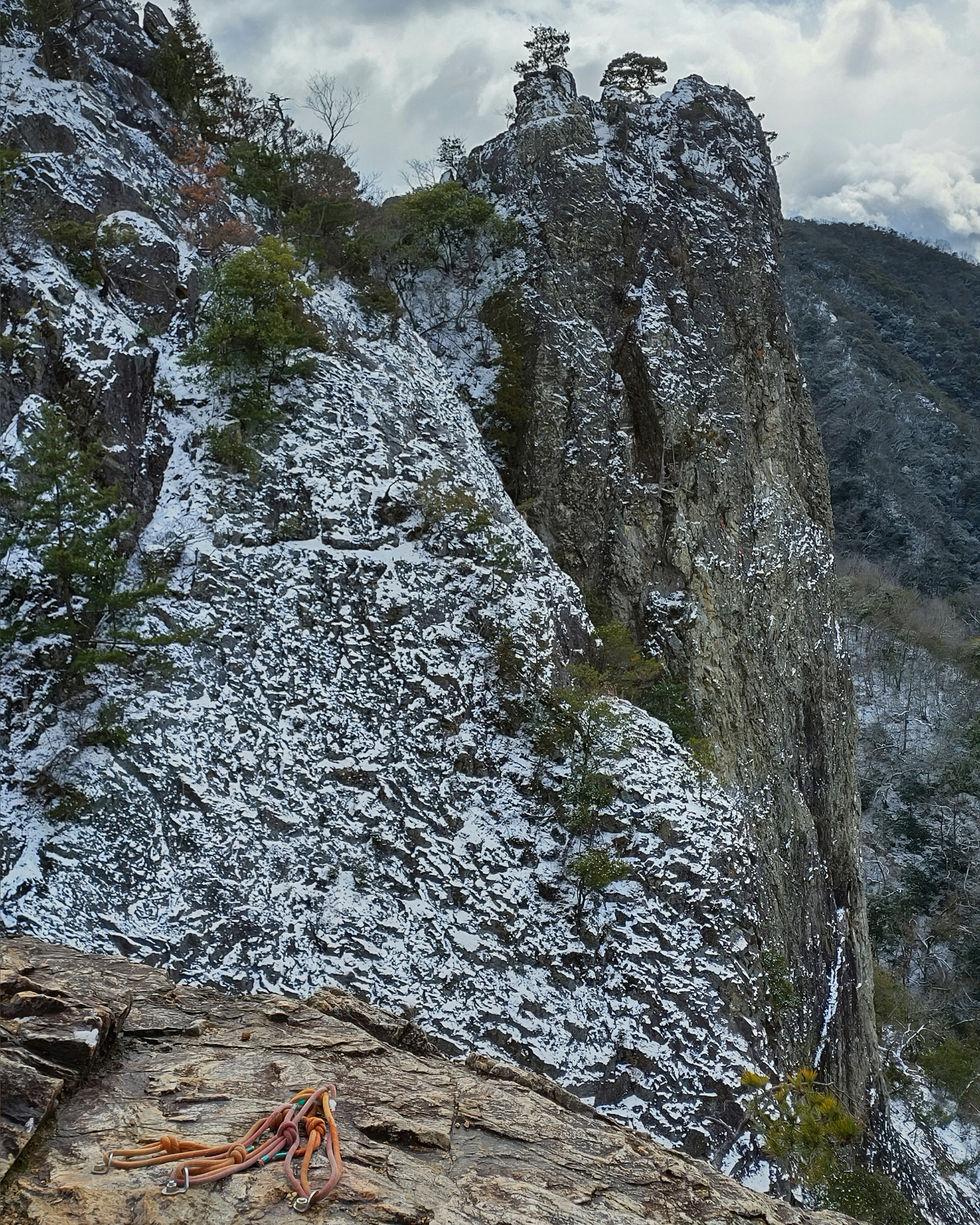 Snow-covered rocky landscape with trees and mountains