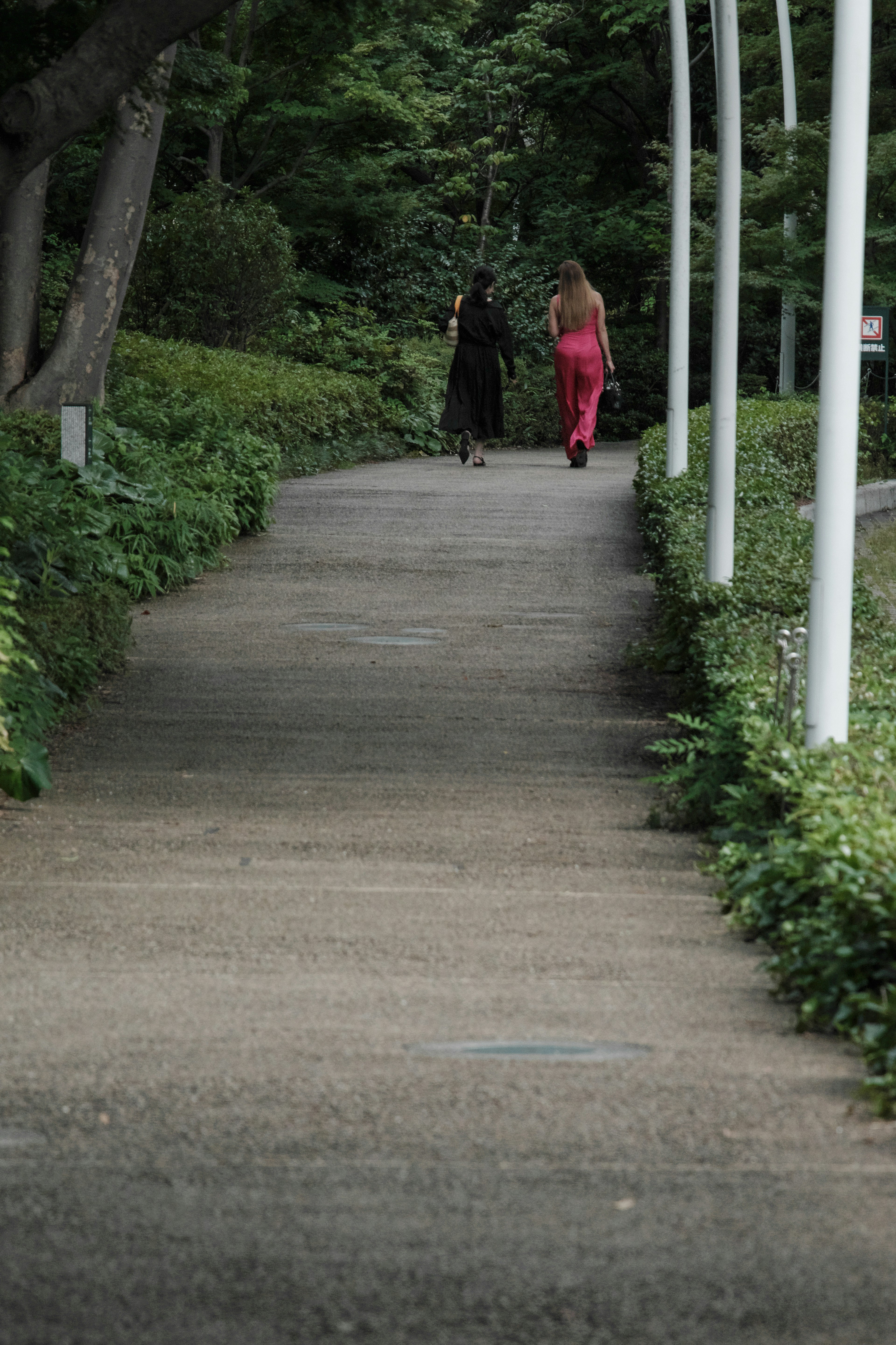 Deux femmes marchant sur un chemin pavé entouré de verdure