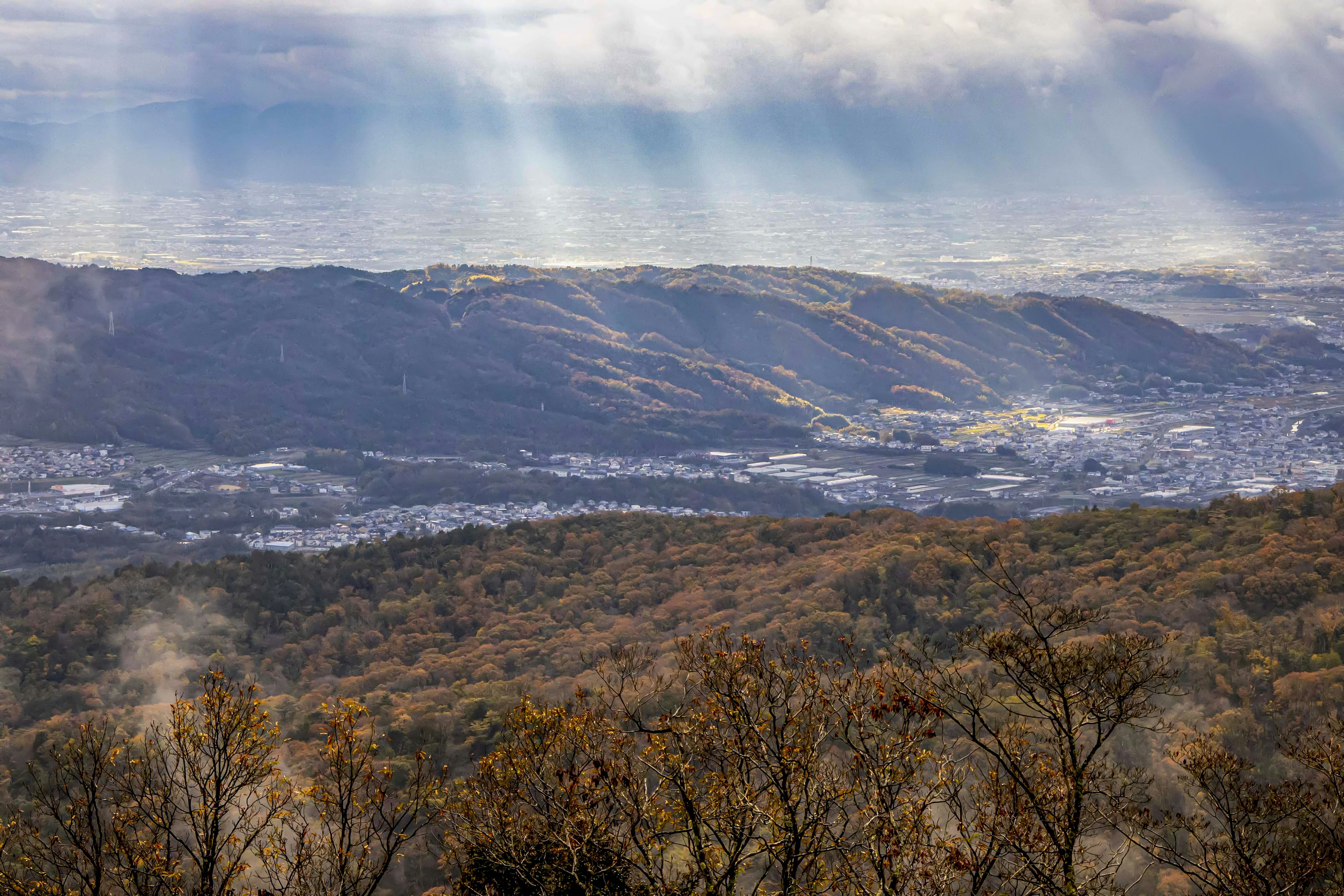 Paesaggio montano con fogliame autunnale e colline lontane