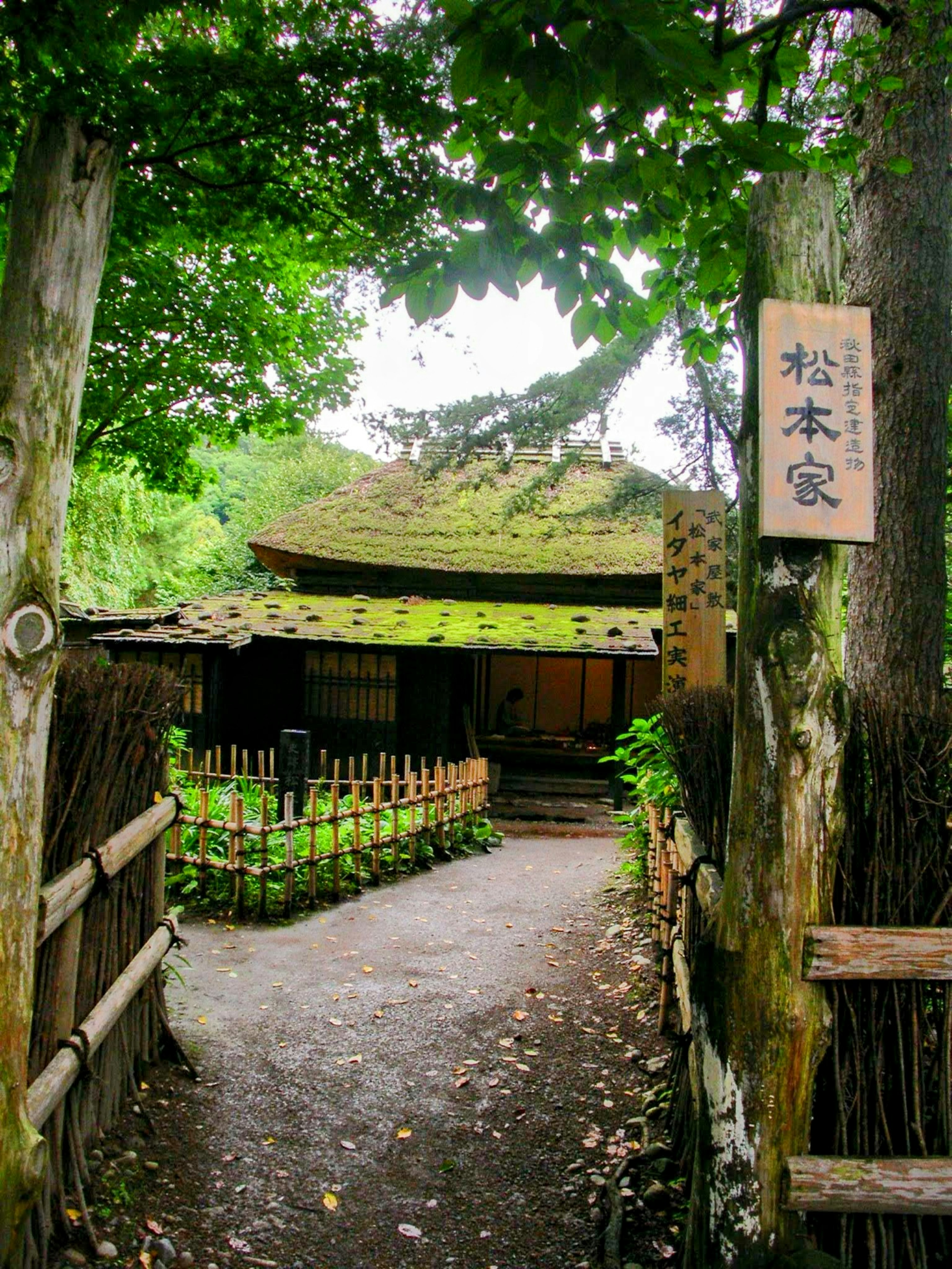 Traditional Japanese house entrance with a thatched roof surrounded by greenery