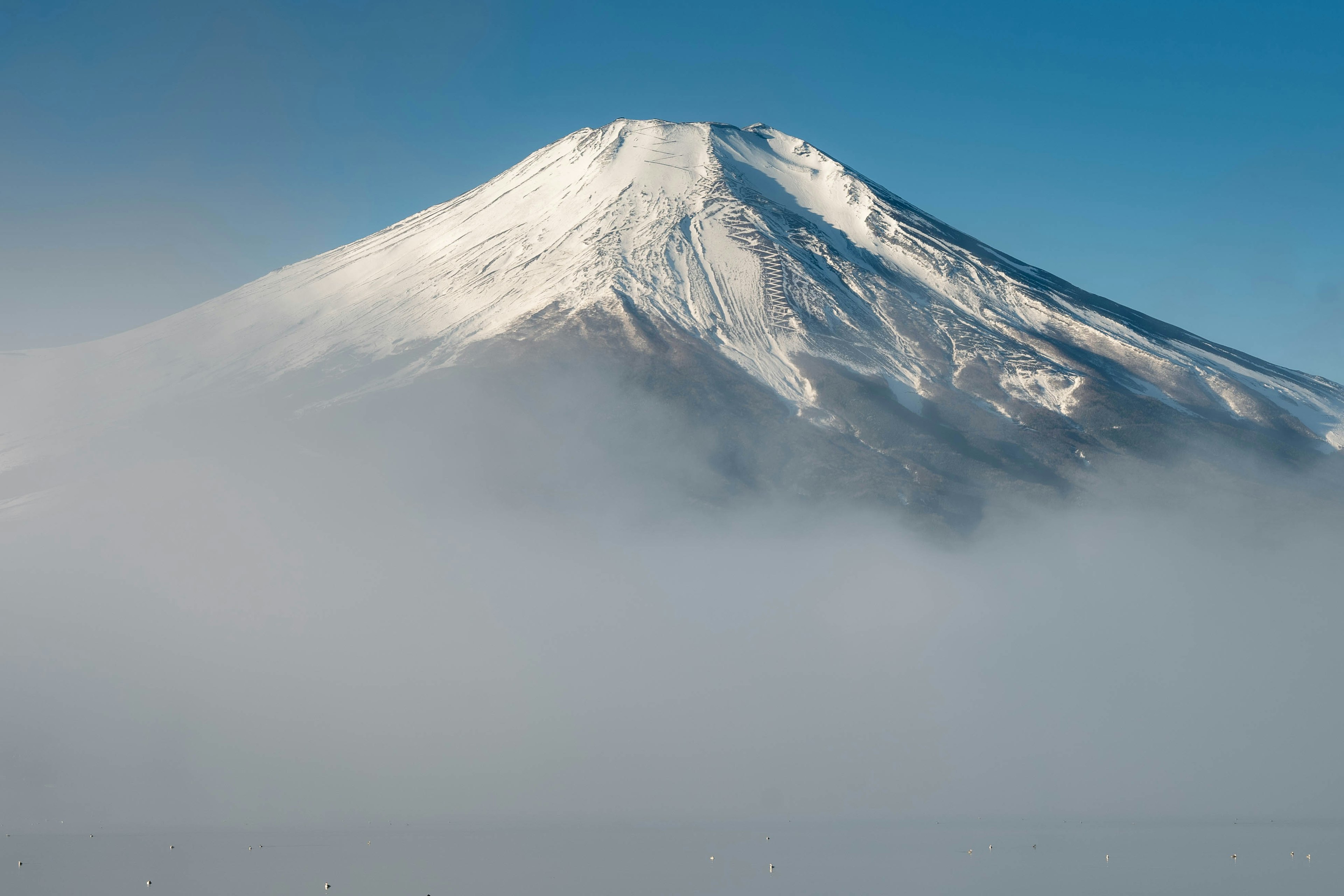 Der majestätische Fuji erhebt sich durch den Nebel