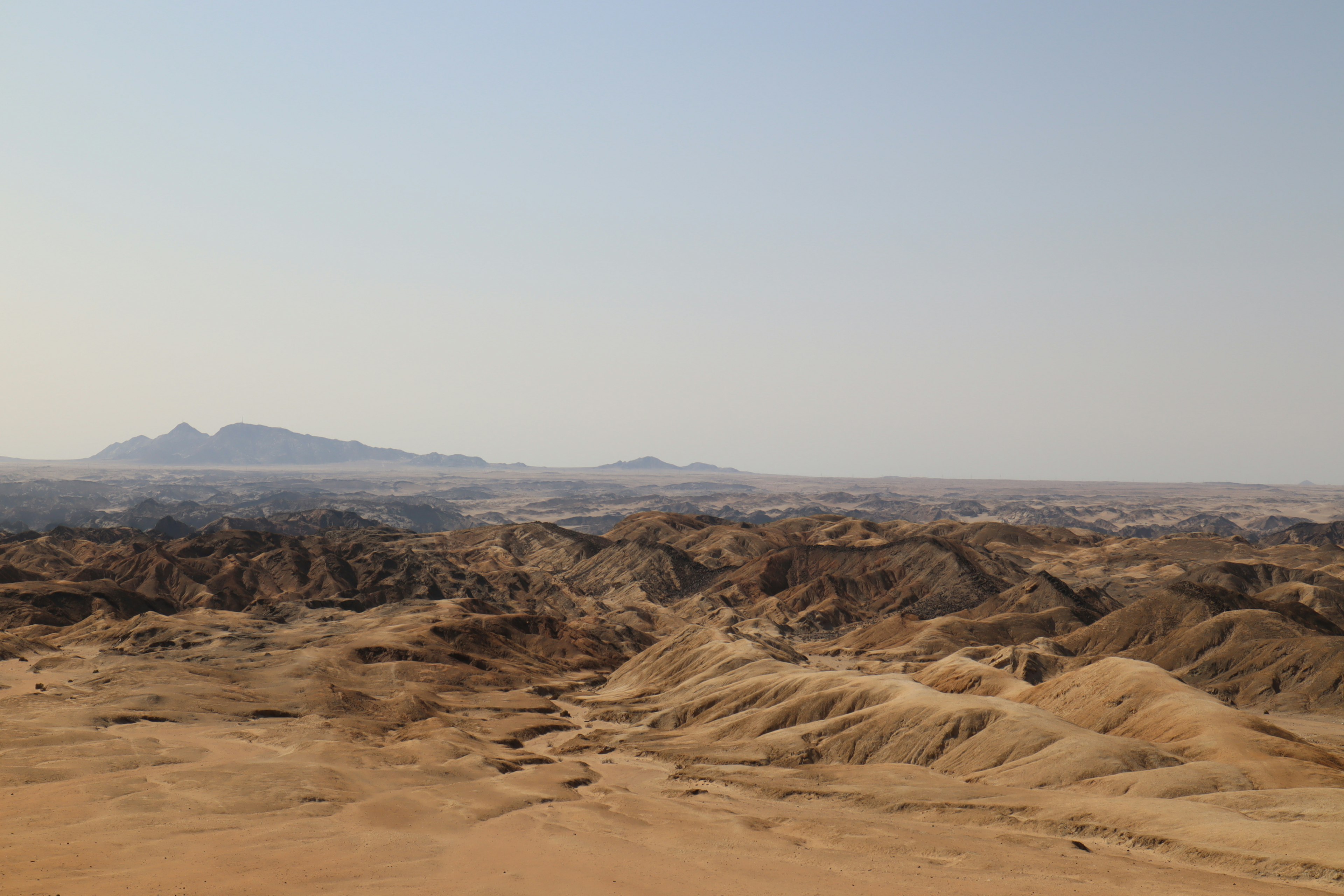 Expansive desert landscape with mountain silhouettes