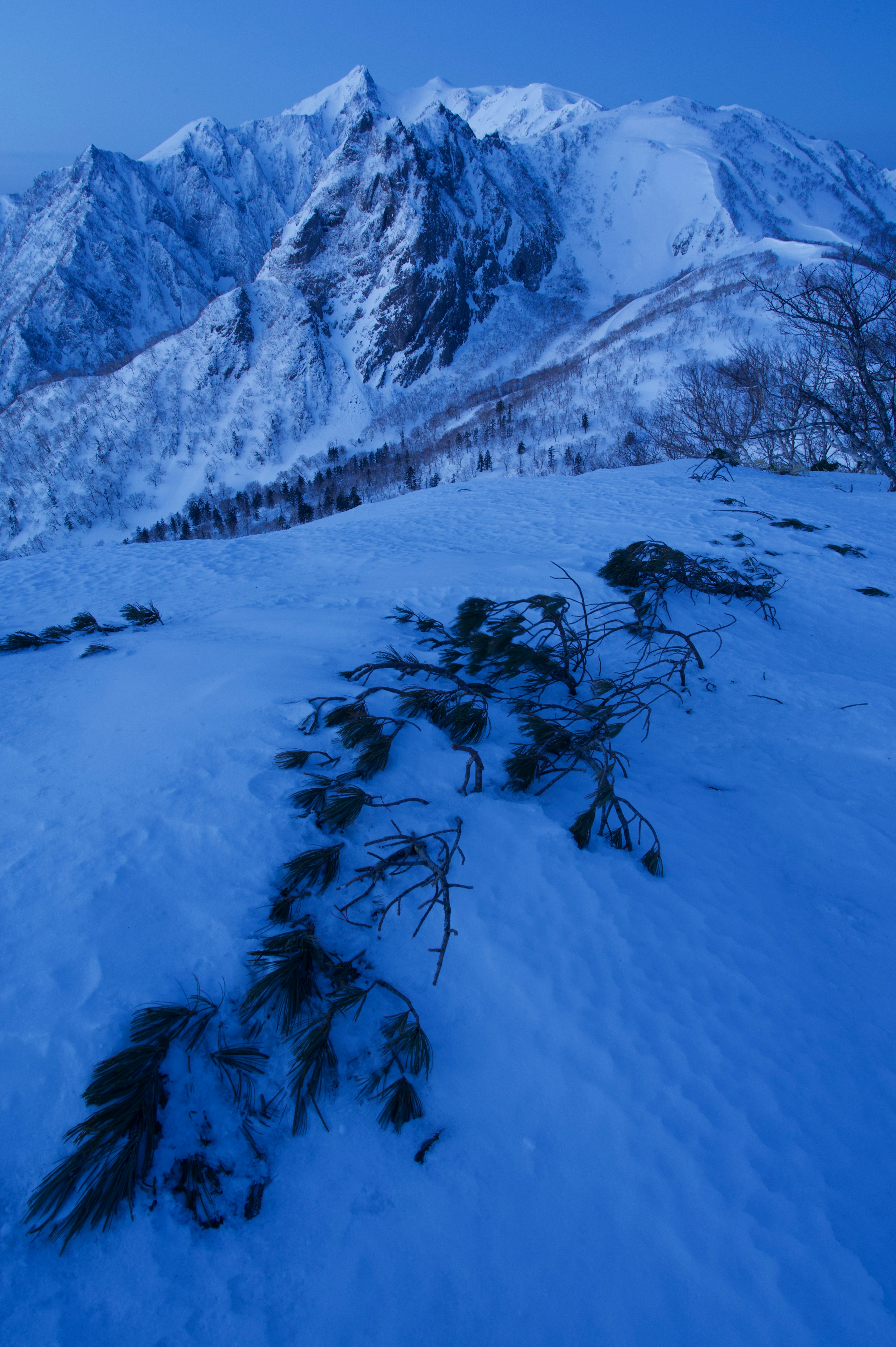 雪に覆われた山々の風景と青い空