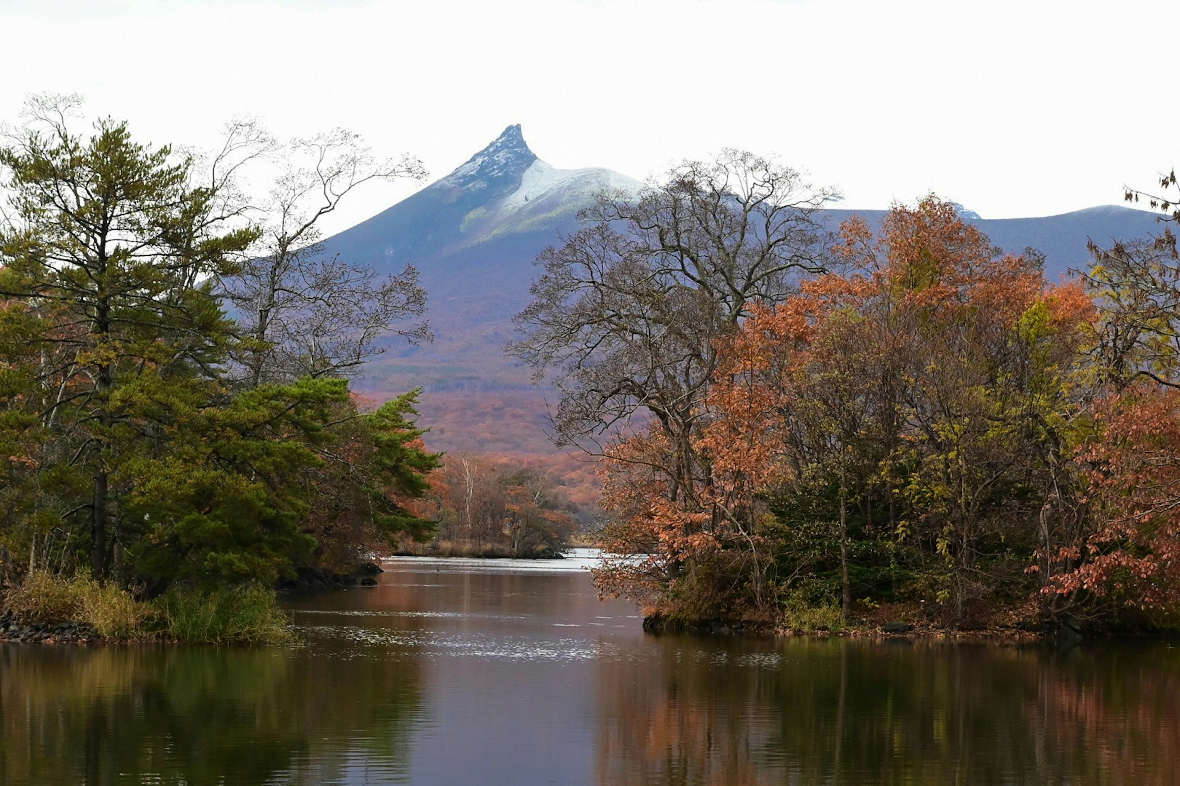 湖と秋の木々を背景にした山の景色