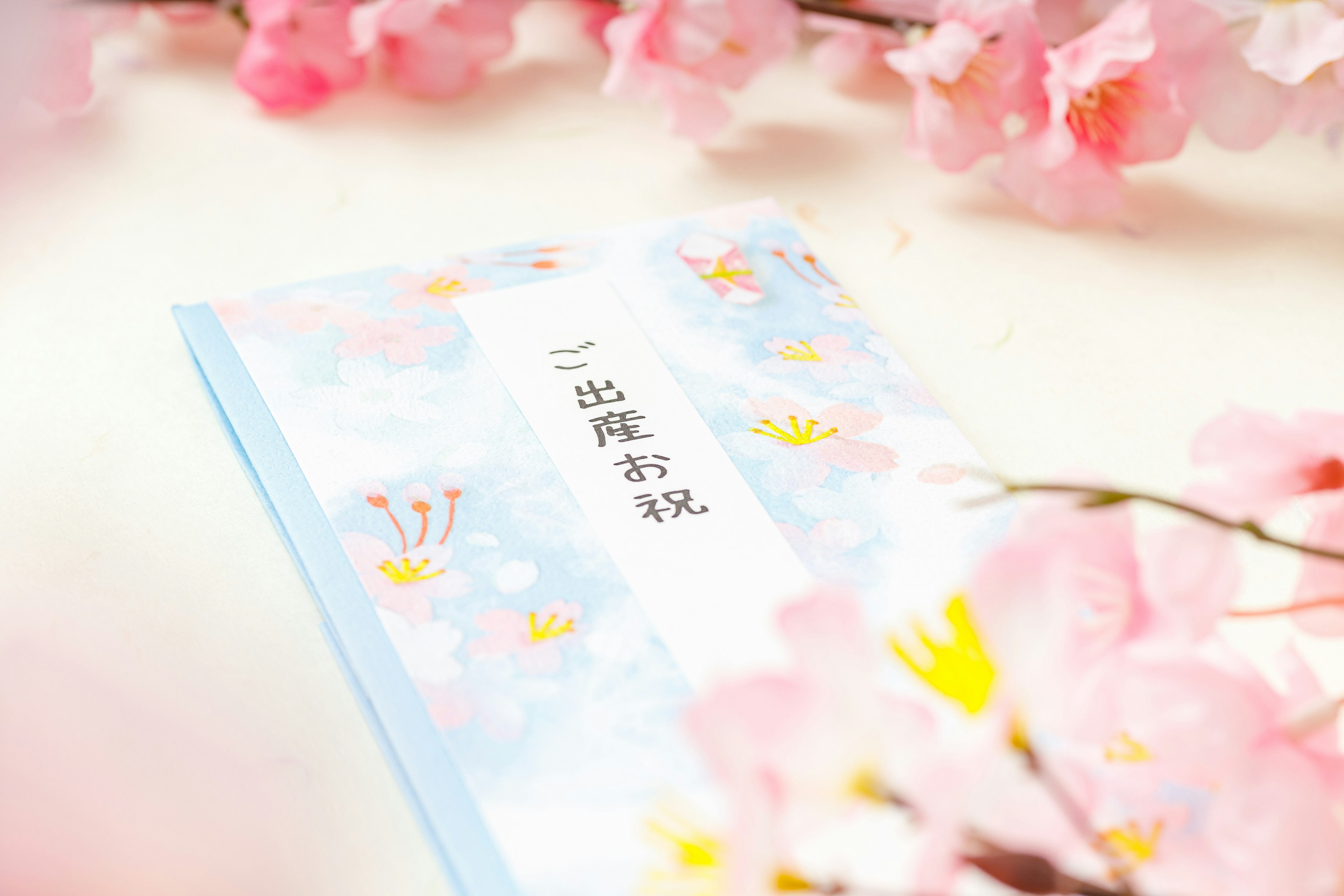 A blue-covered book surrounded by cherry blossoms