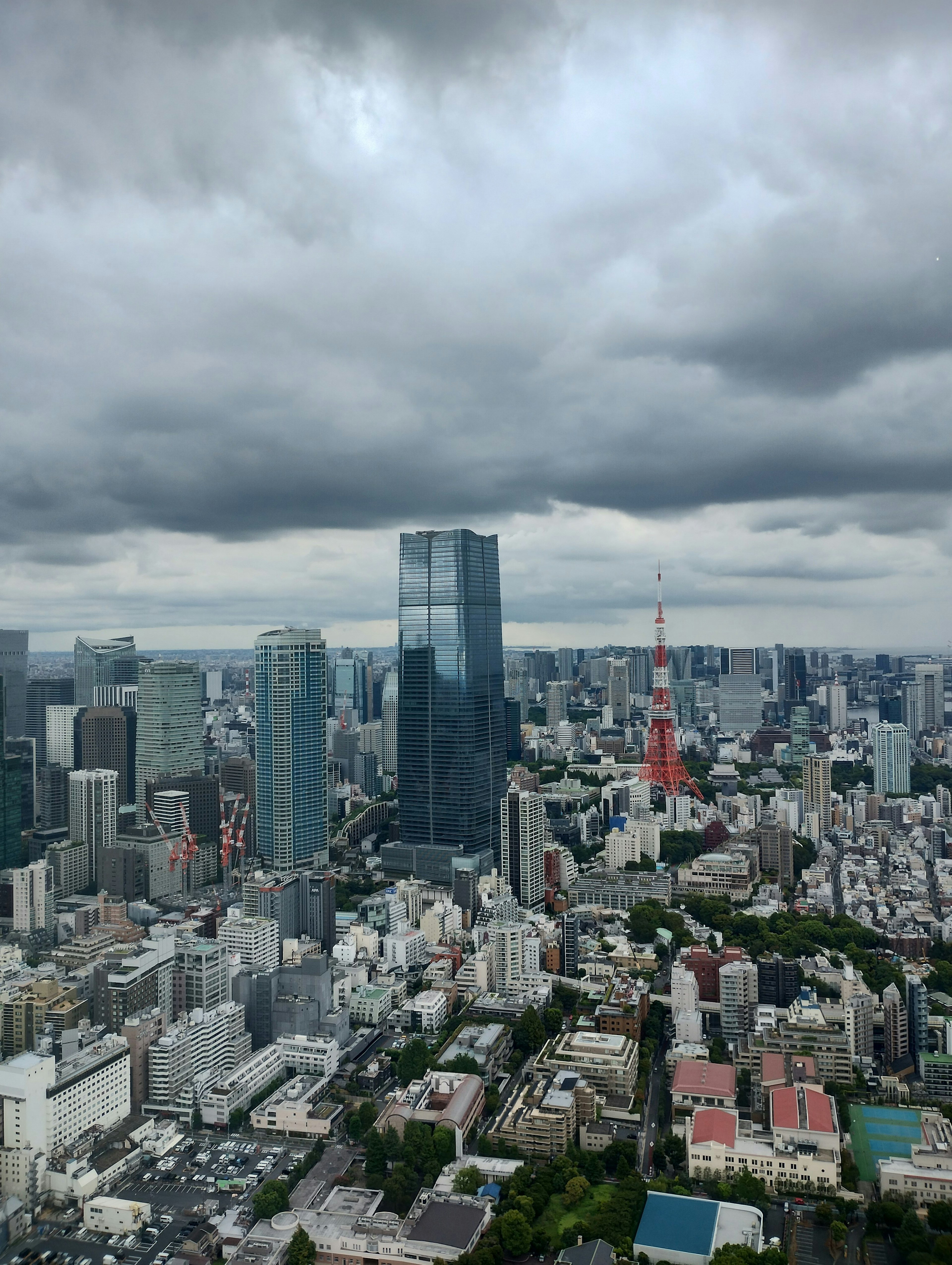 Aerial view of Tokyo's skyline with dark clouds