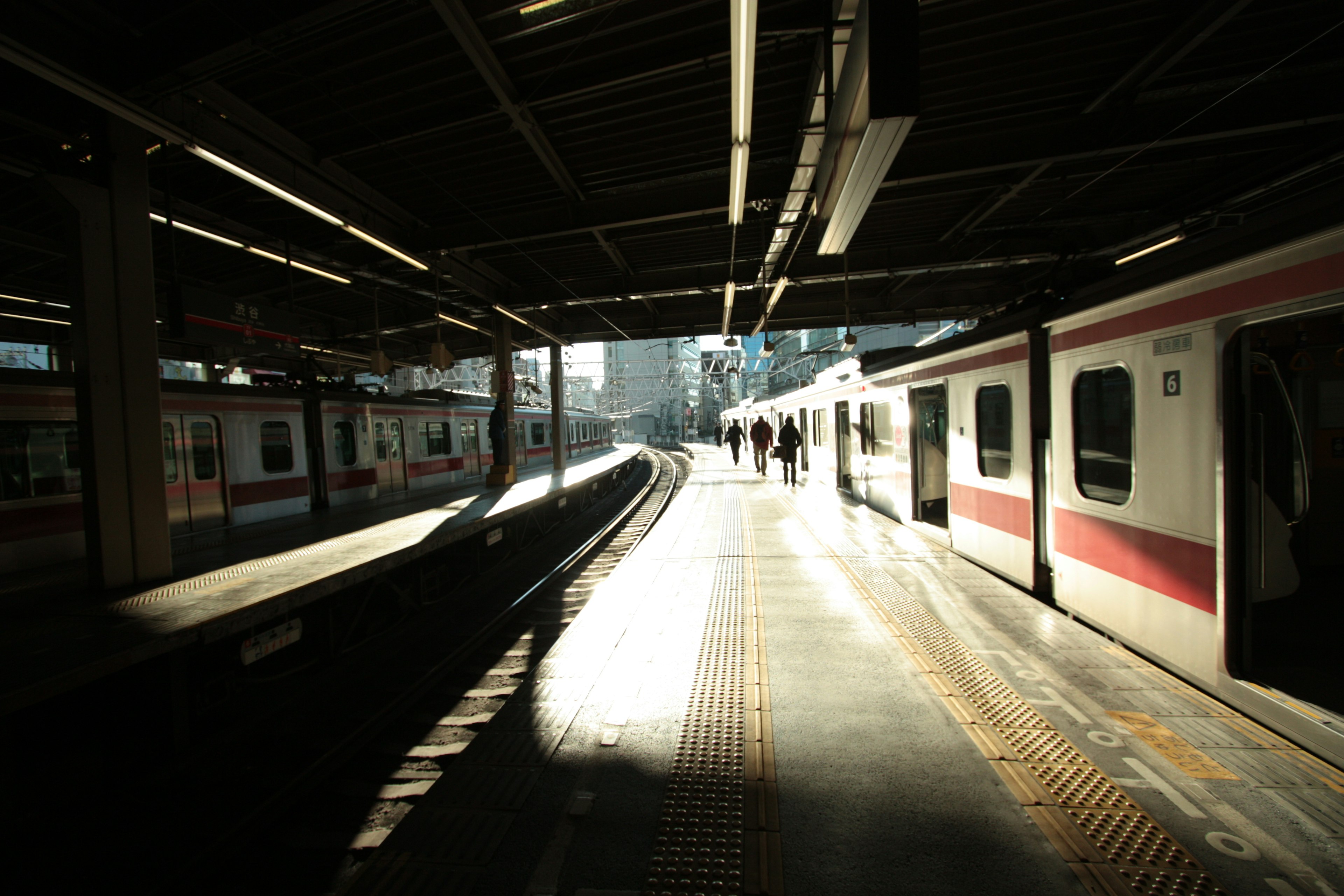 駅のプラットフォームに停車中の電車と夕暮れの光