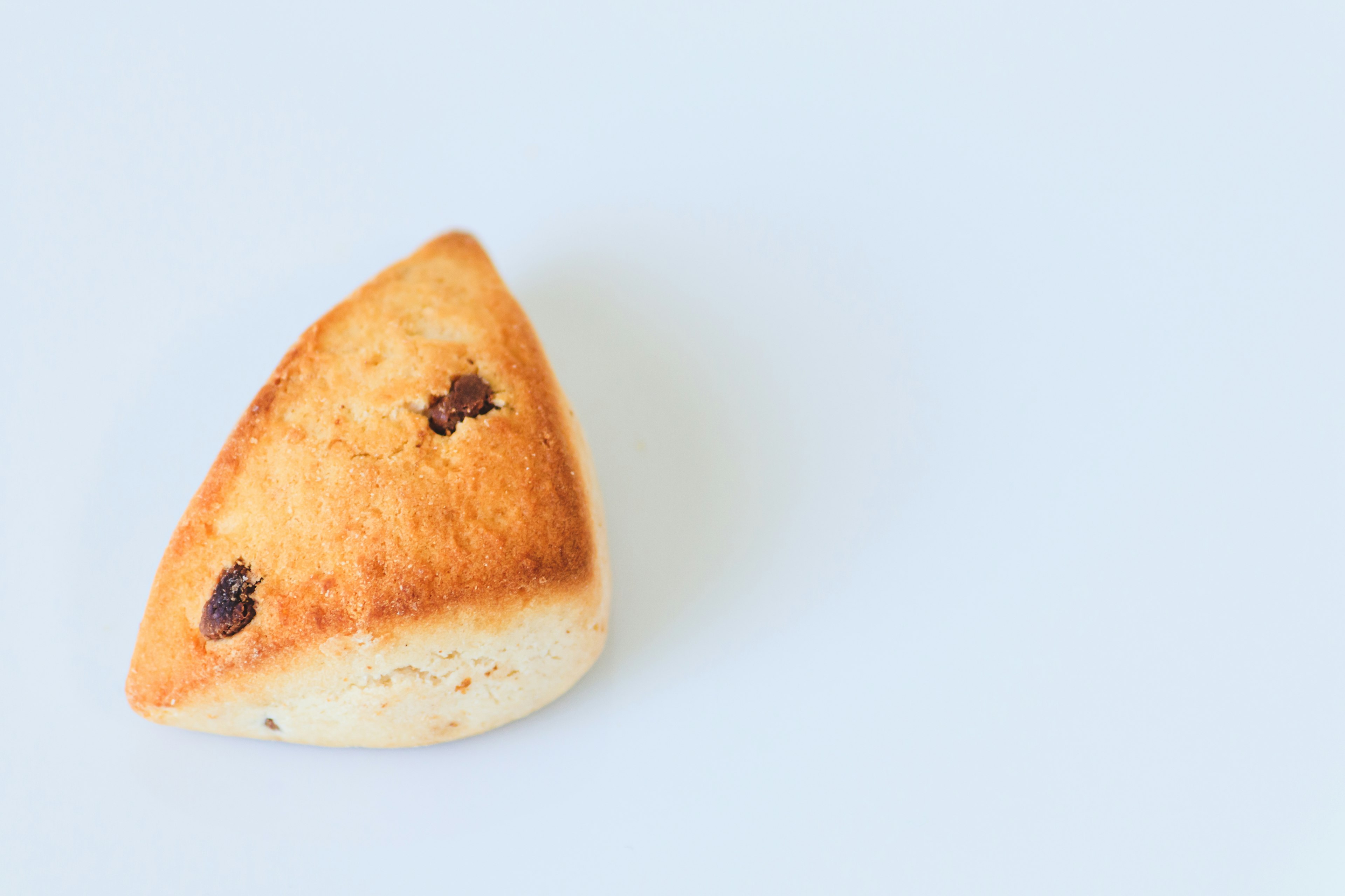 A triangular chocolate scone placed on a light blue background