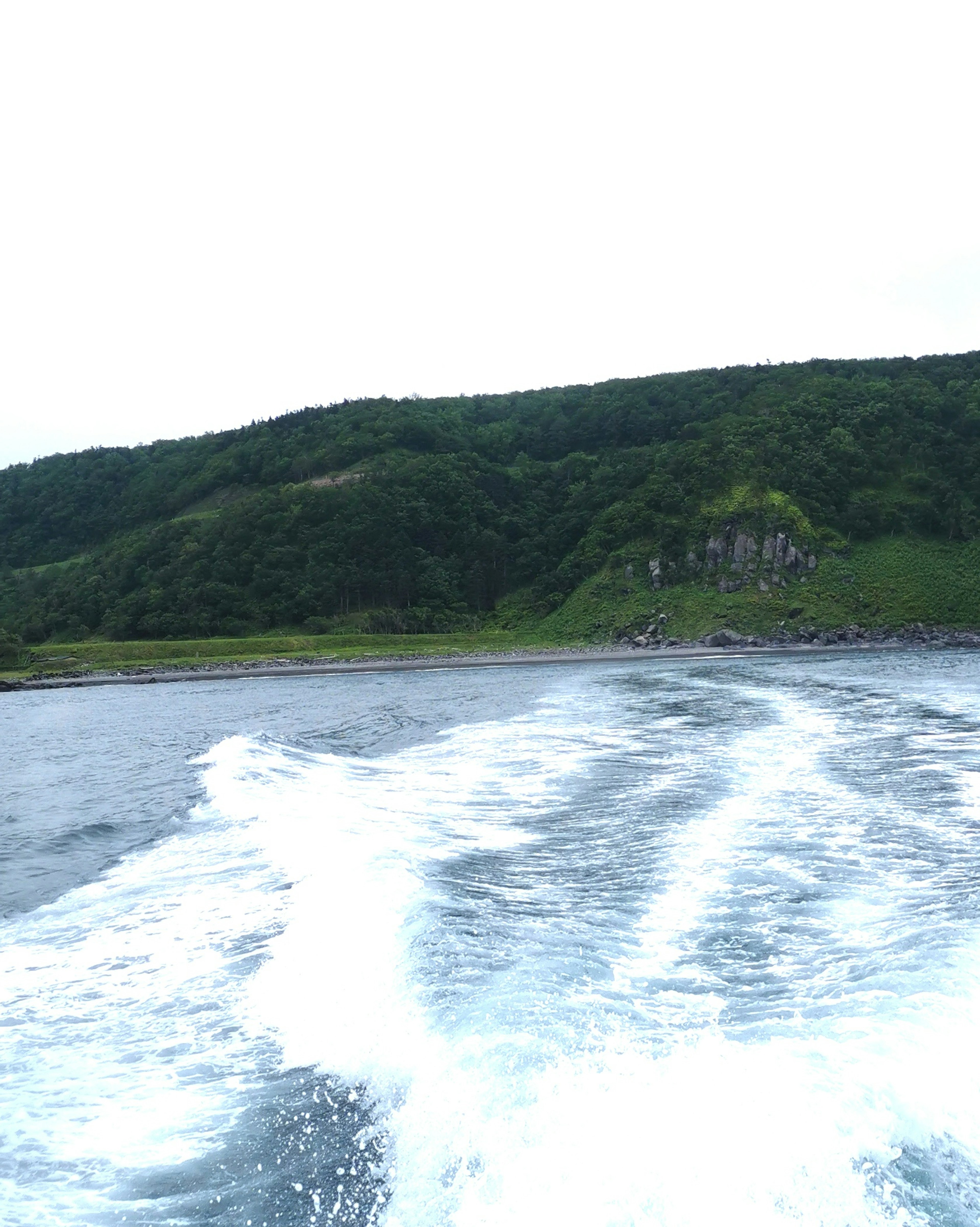 静かな海と緑の丘の風景 船の波しぶきが見える