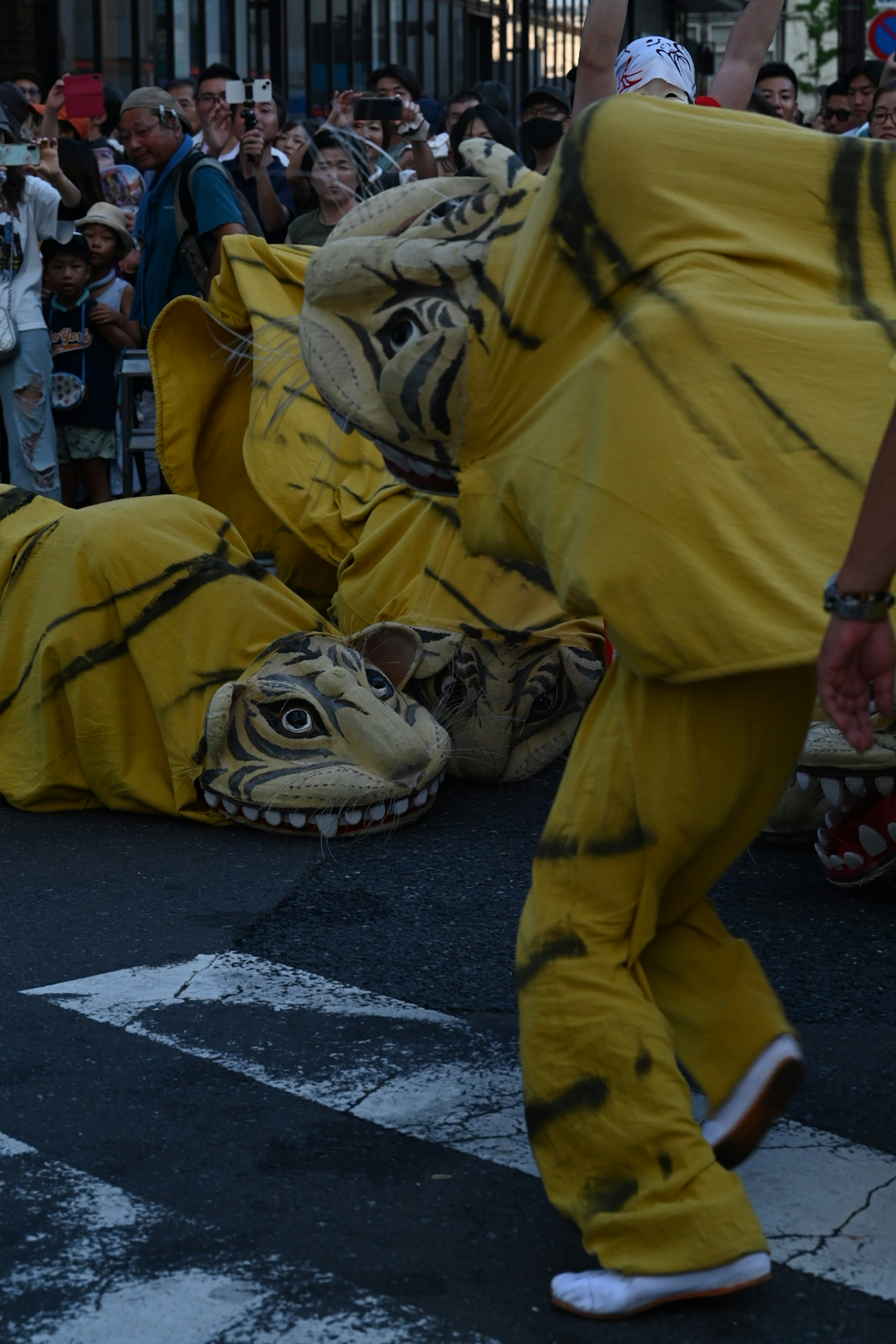 Penampil dalam kostum harimau kuning berparade di jalan