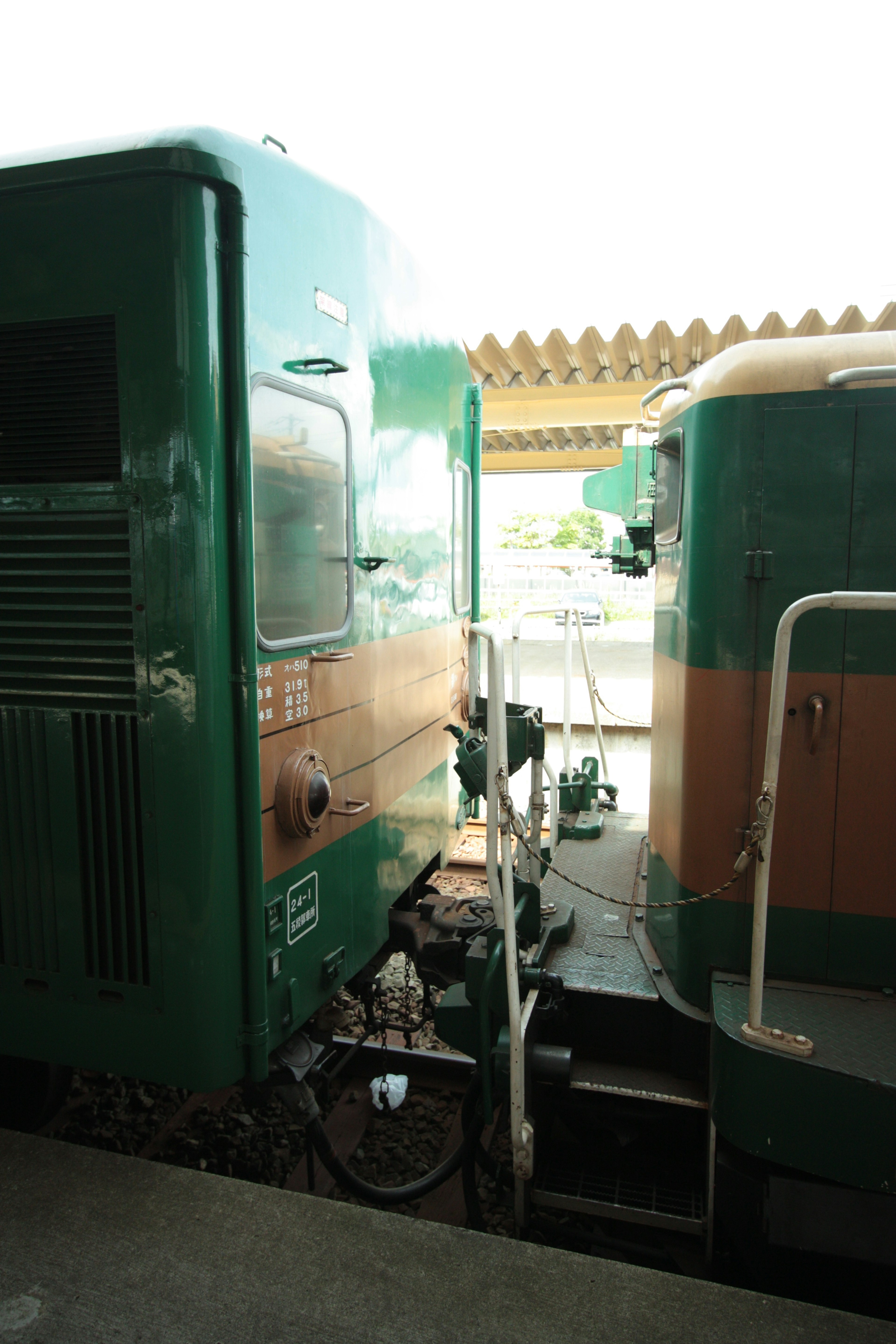 Locomotoras verdes y marrones en una estación