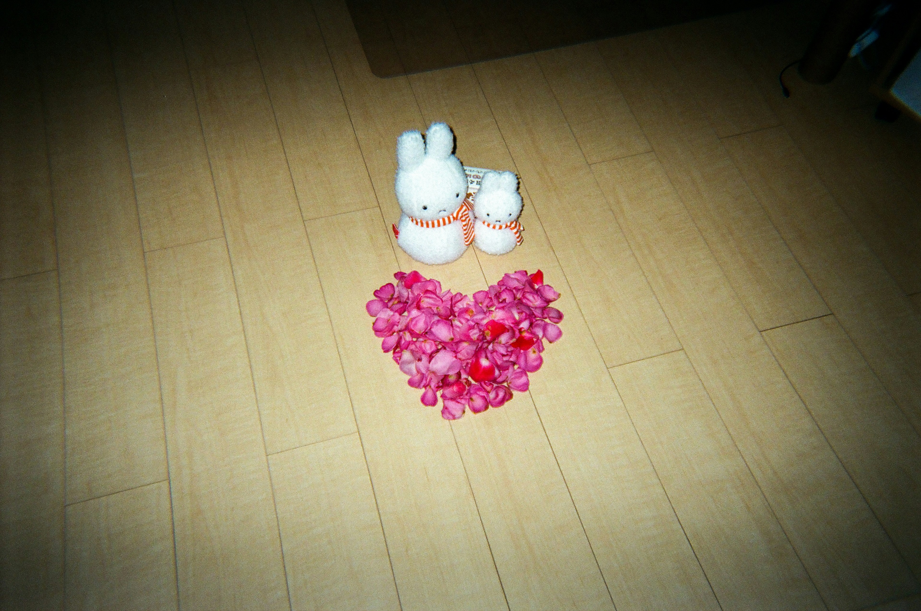 Two stuffed bunnies beside a heart-shaped arrangement of pink flower petals on a wooden floor