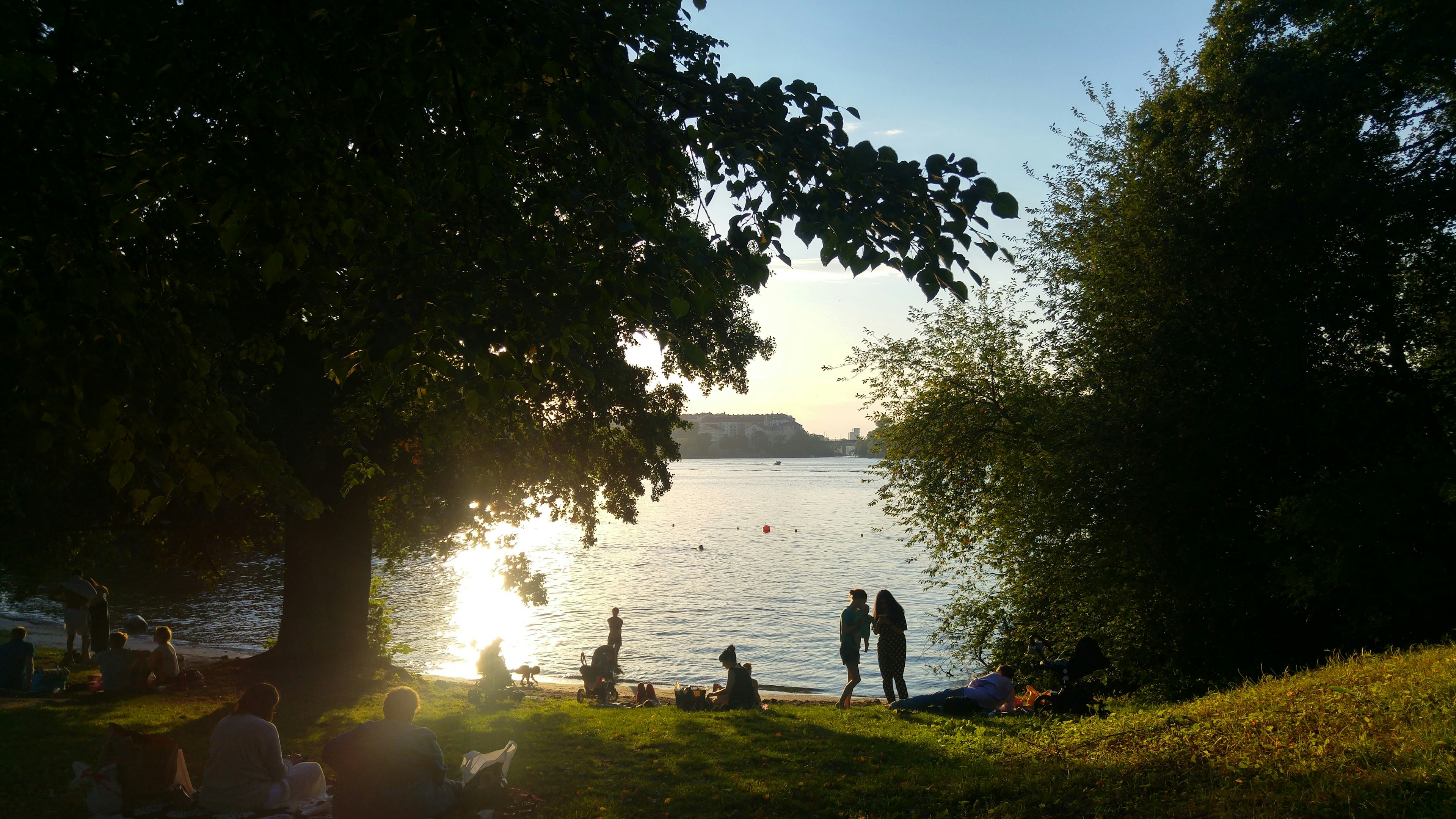 Silhouette d'un couple au bord d'un lac au coucher du soleil avec des arbres encadrant la scène