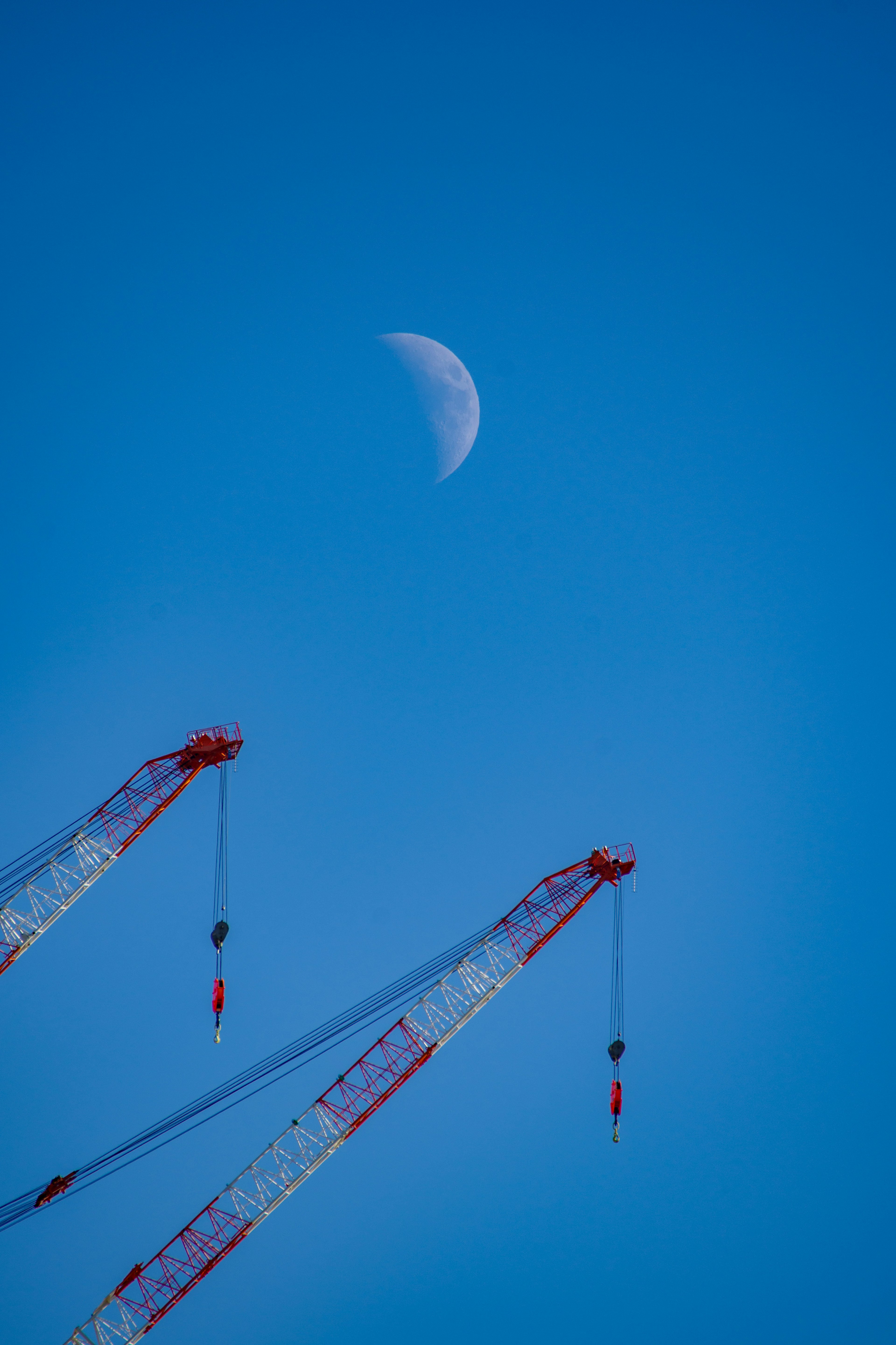 Luna crescente in un cielo blu con due gru