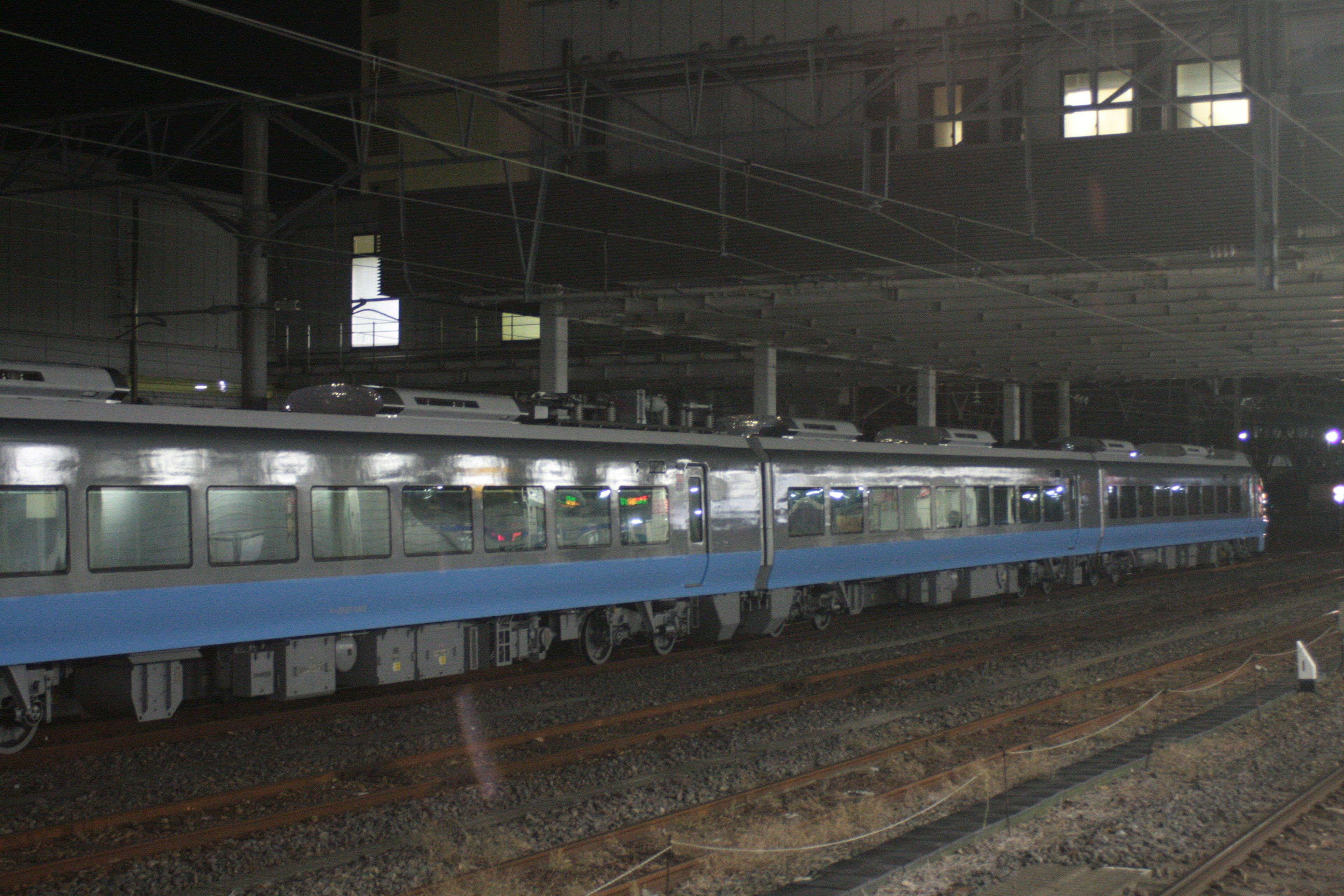 Vista laterale di un treno blu fermo in una stazione poco illuminata